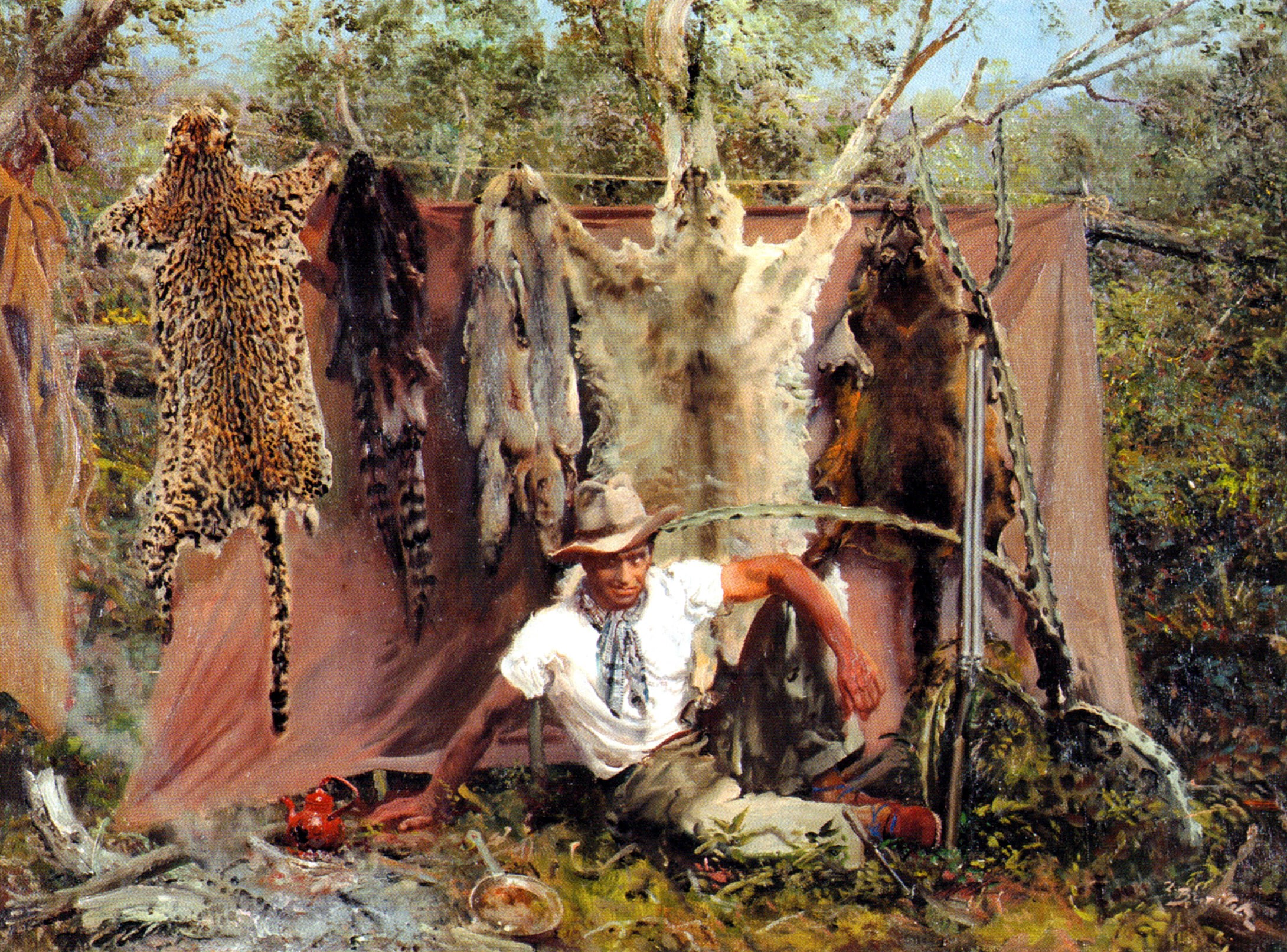 Hunter with animal pelts in jungle camp HD Wallpaper