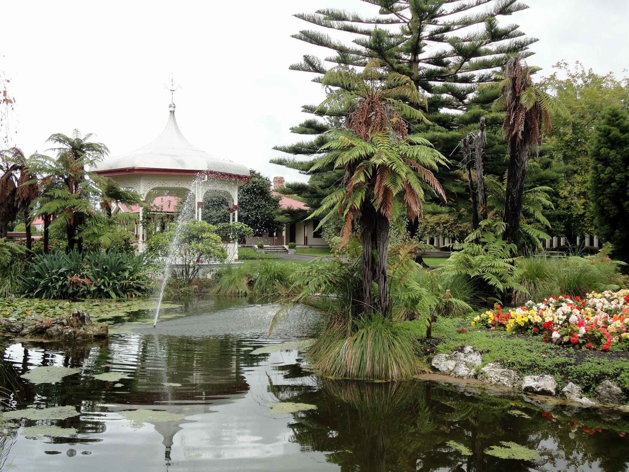 Rotorua Gardens with Gazebo and Pond HD Wallpaper