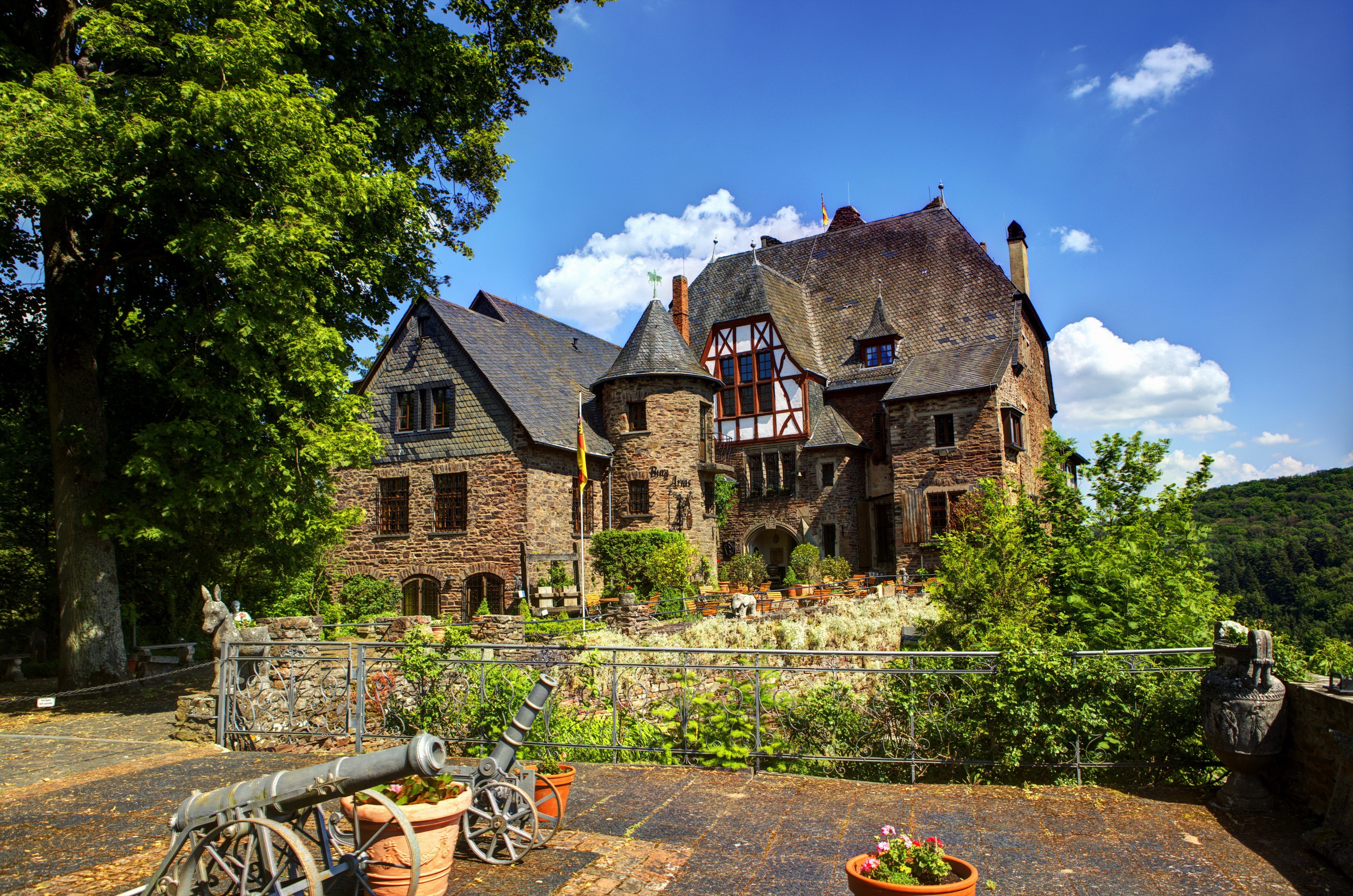 Castle with cannons and trees under blue sky HD Wallpaper