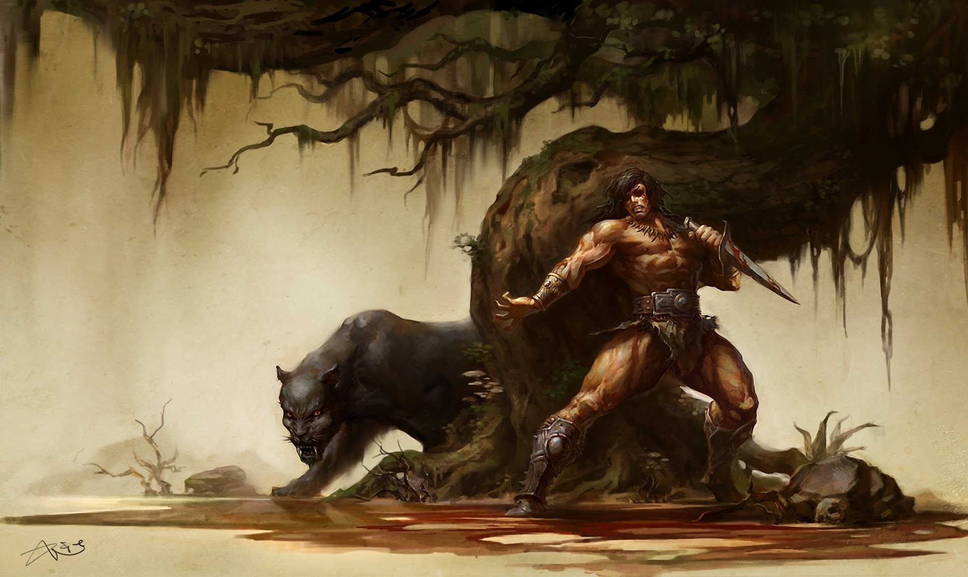 Warrior fighting a black panther in a swamp HD Wallpaper