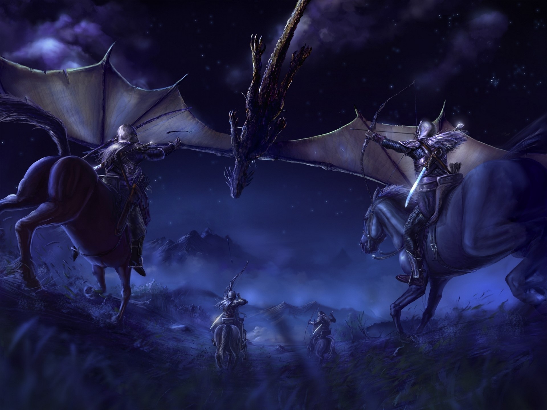 Knights on horseback fighting a dragon at night HD Wallpaper