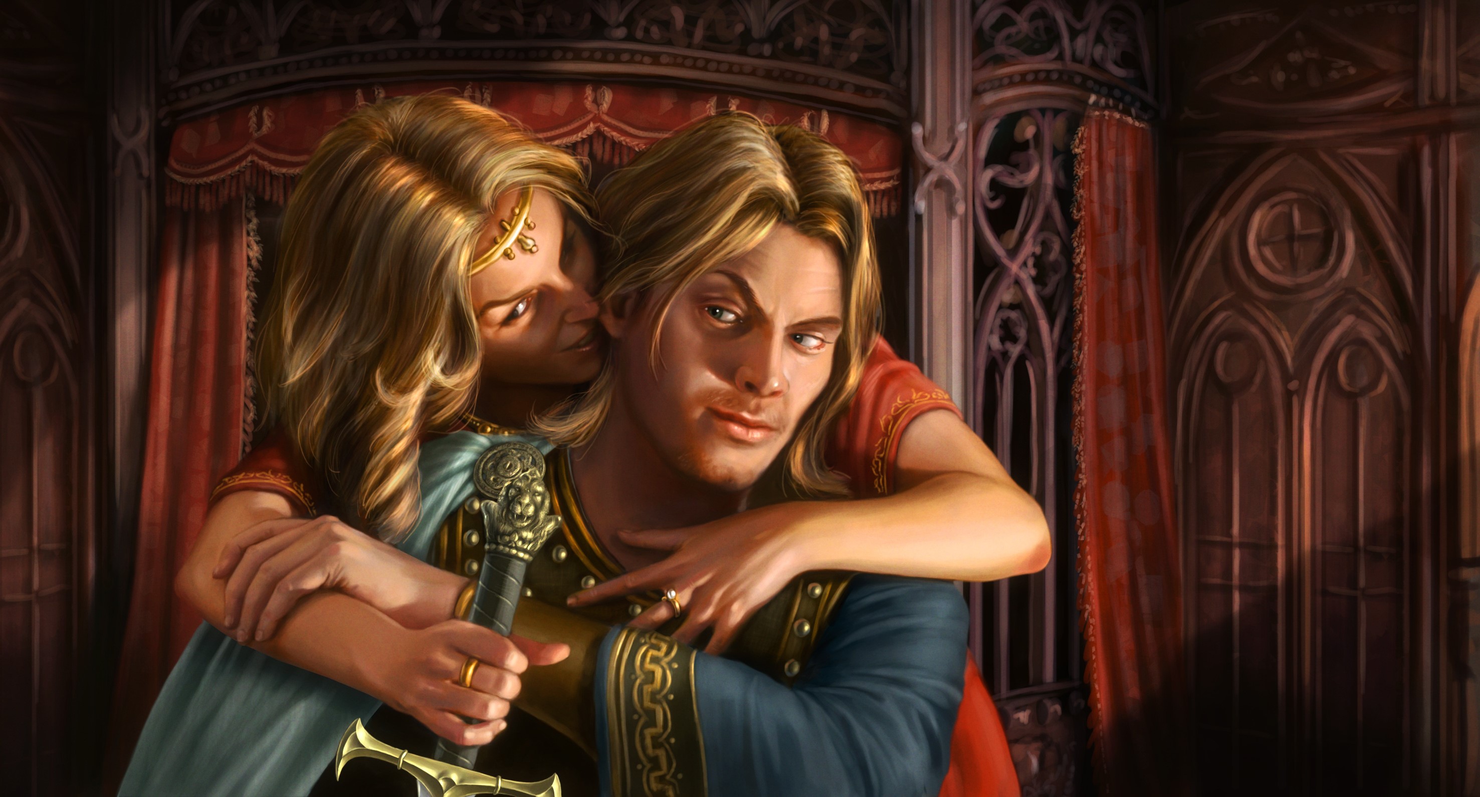 Couple embracing with a sword in a castle HD Wallpaper