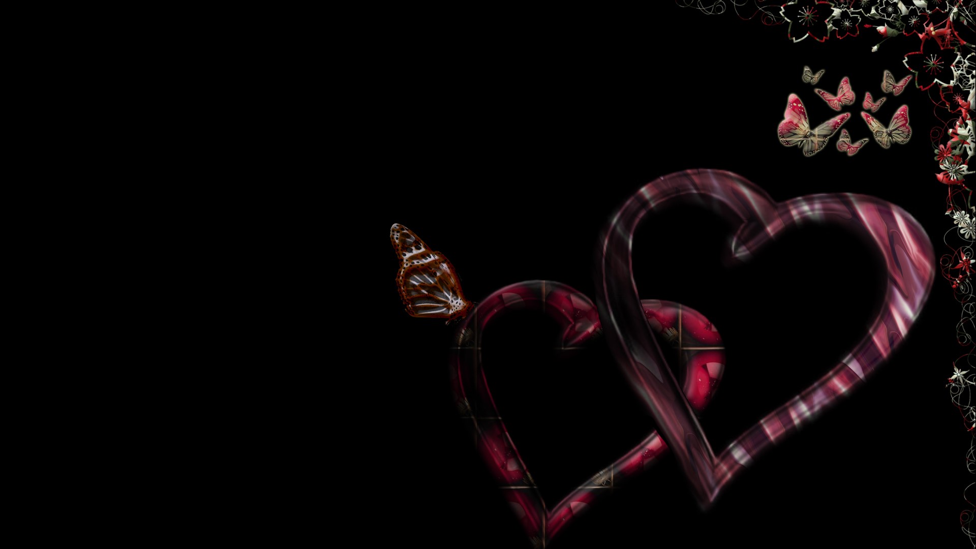 Two intertwined hearts with butterflies and floral accents HD Wallpaper
