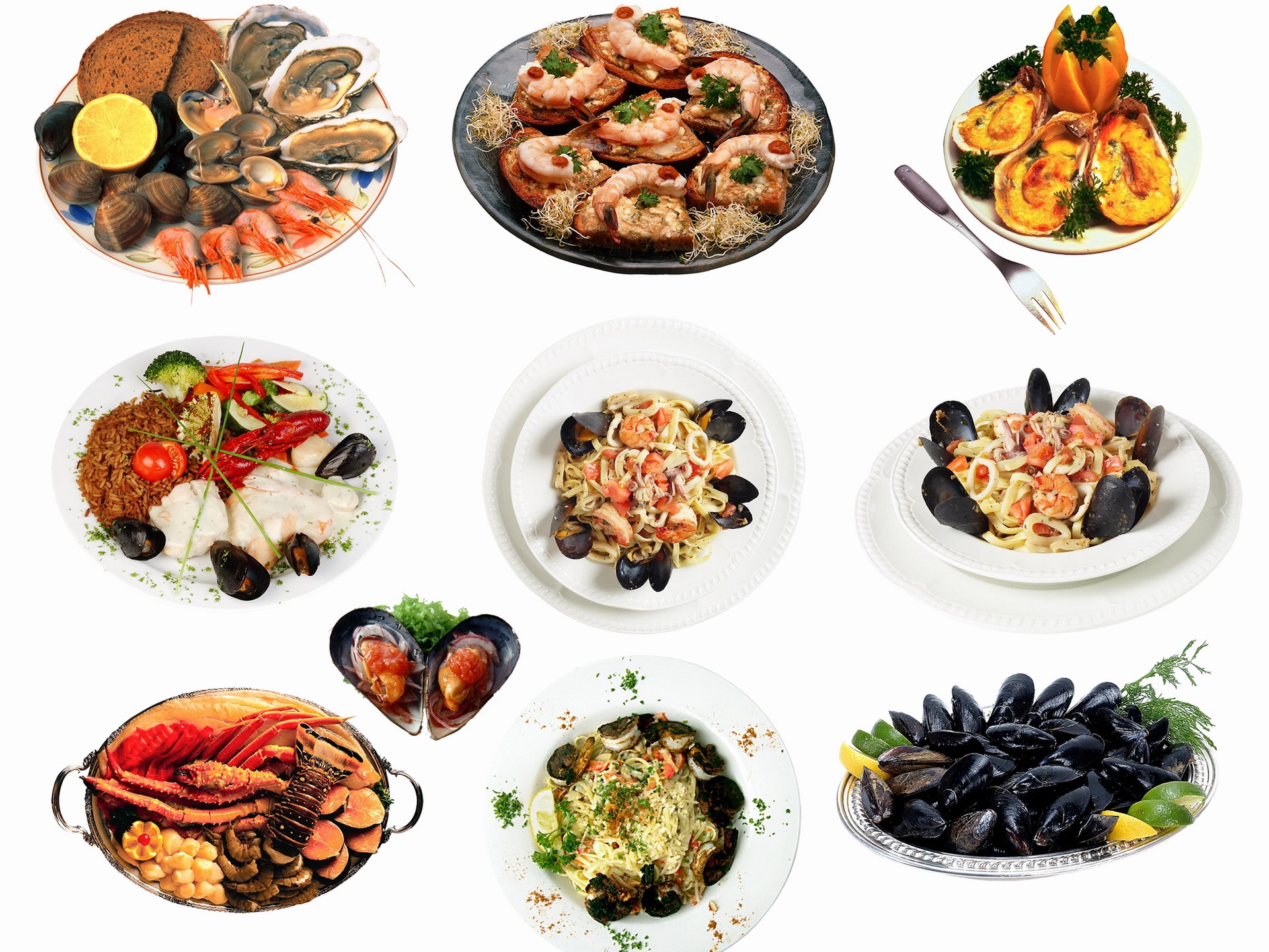Assortment of seafood dishes HD Wallpaper