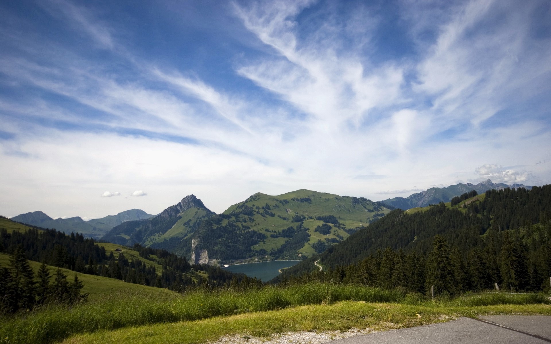 Scenic mountain landscape with a lake in Switzerland HD Wallpaper