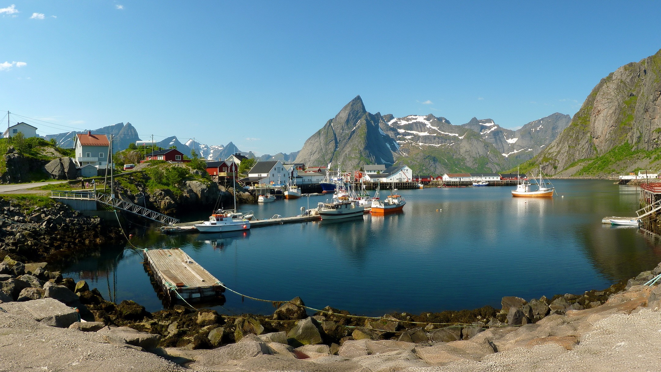 Fishing village with boats and mountains in Norway HD Wallpaper
