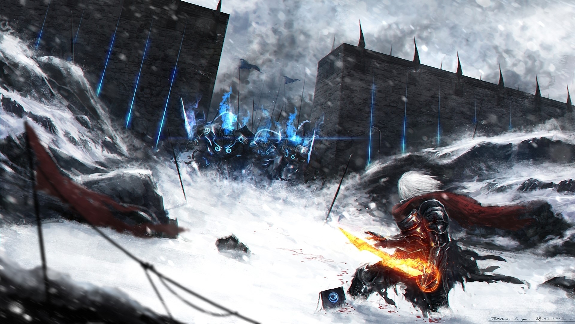 Soldiers in a snowy battle with glowing weapons HD Wallpaper