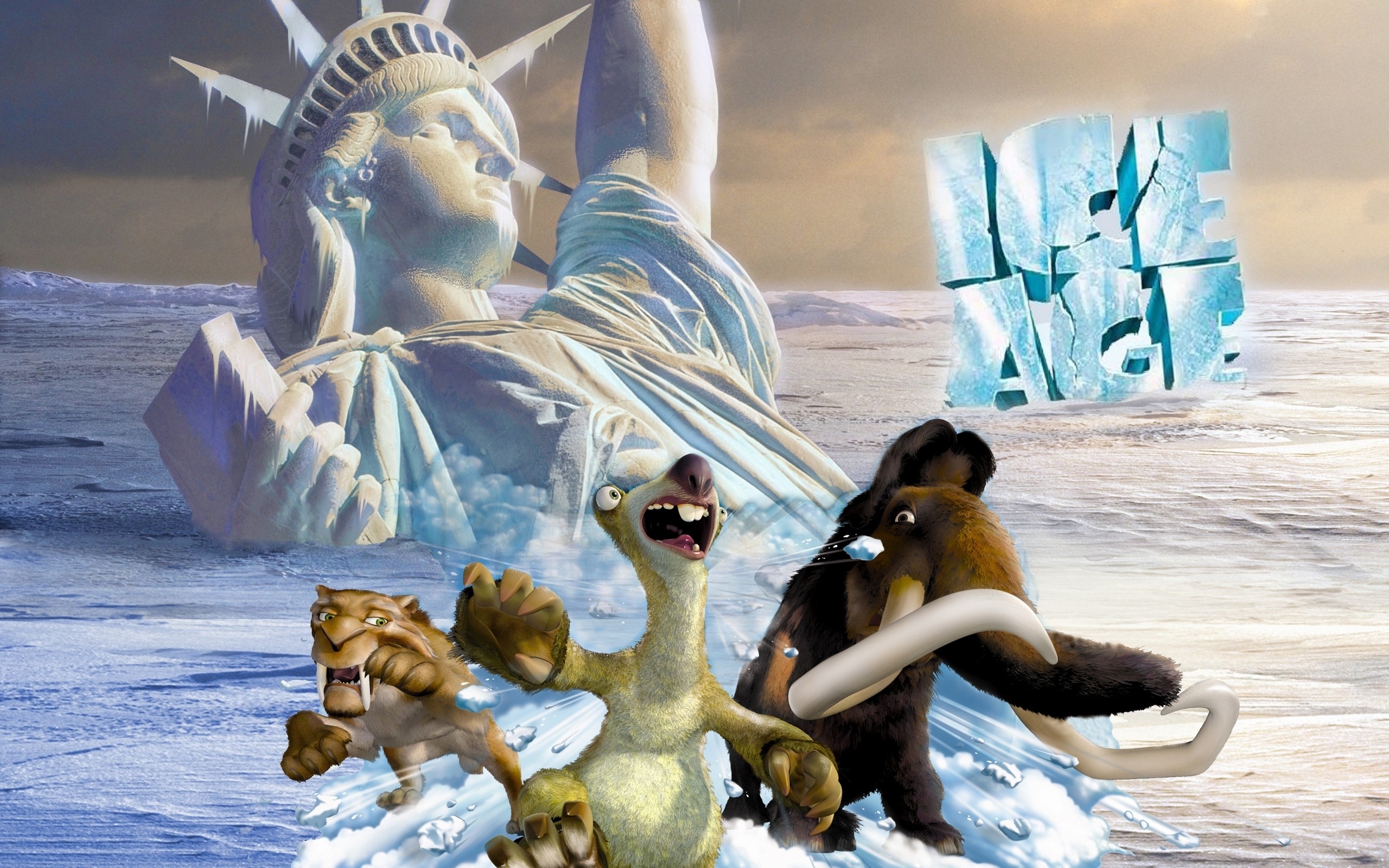 Ice Age characters in front of frozen Statue of Liberty HD Wallpaper