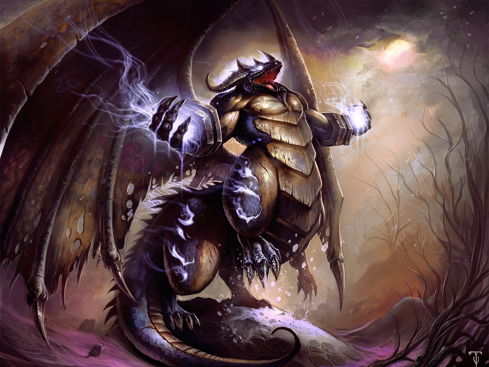 Dragon casting lightning spells in a dark forest HD Wallpaper