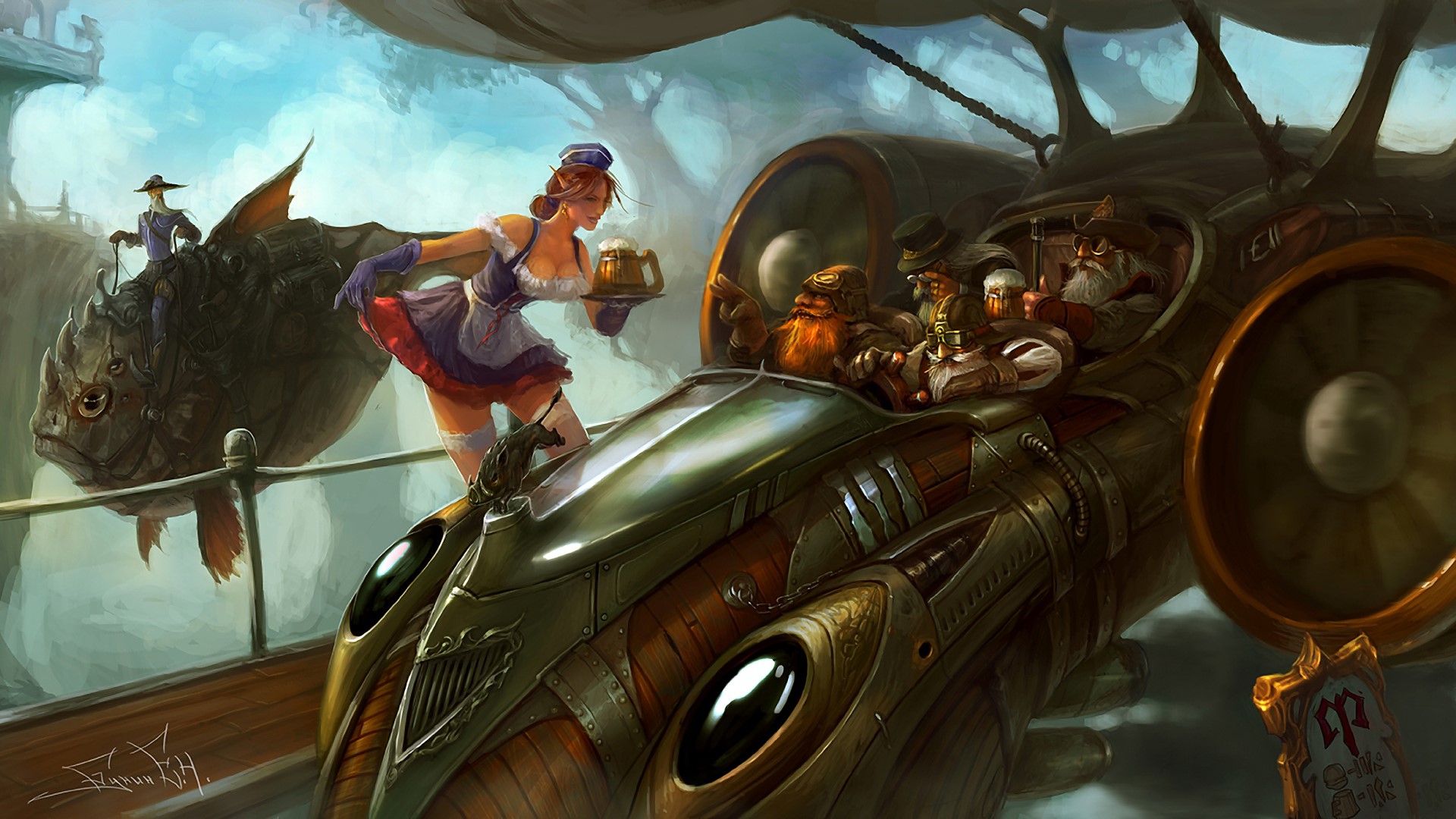 Steampunk airship with dwarves and a fish mount HD Wallpaper