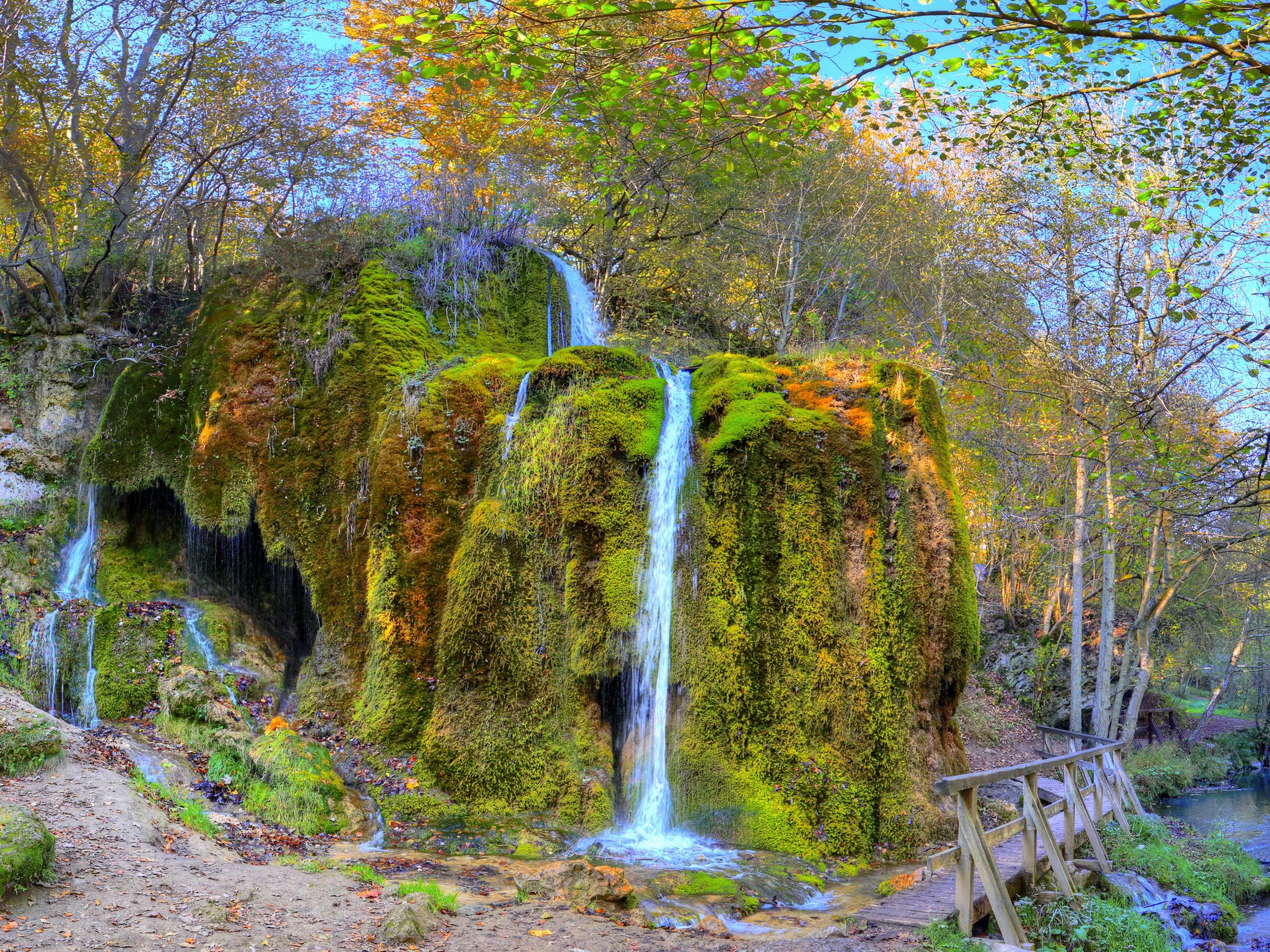 Moss-covered waterfall in a forest with a wooden bridge HD Wallpaper