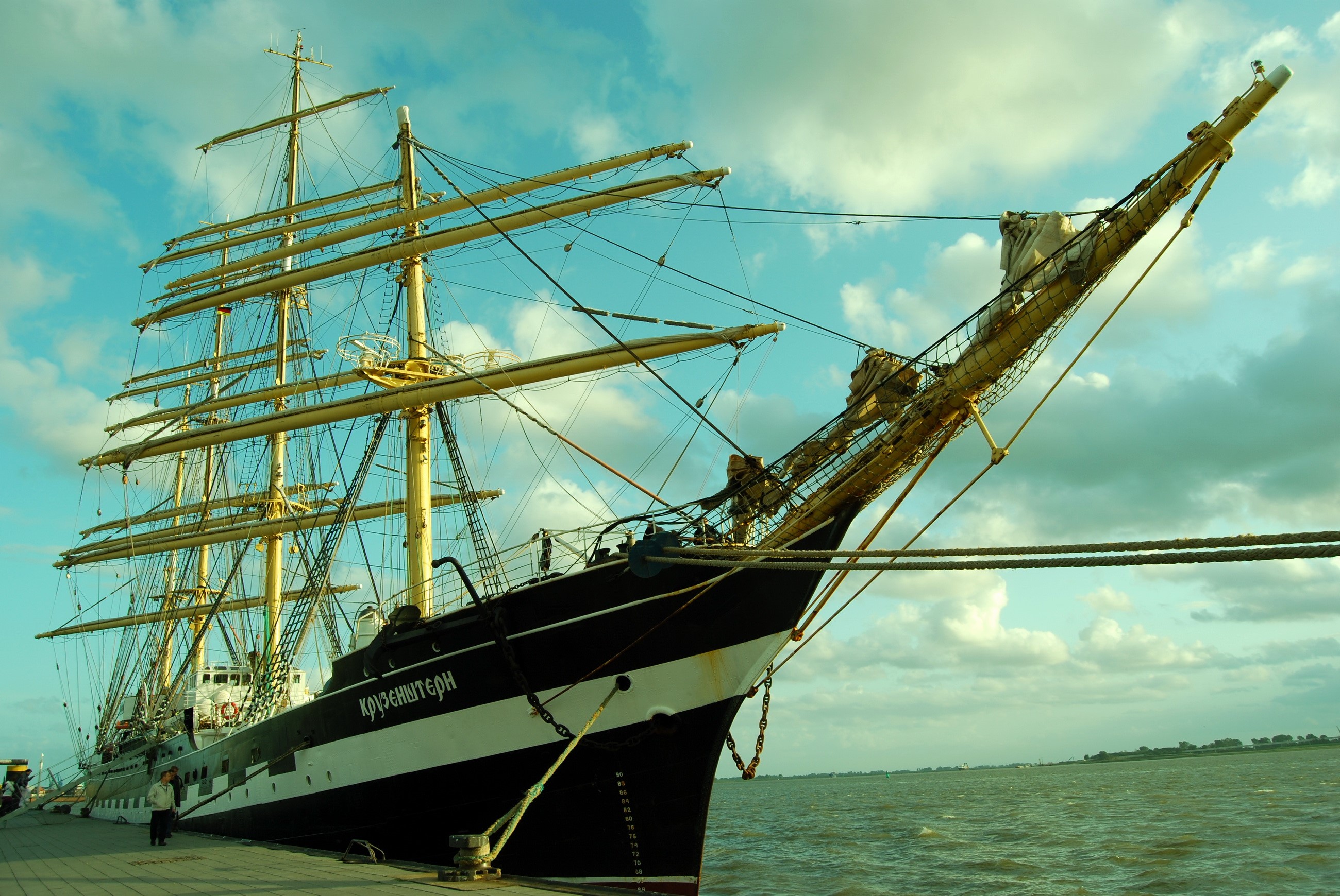 Kruzenshtern sailing ship docked at a pier HD Wallpaper