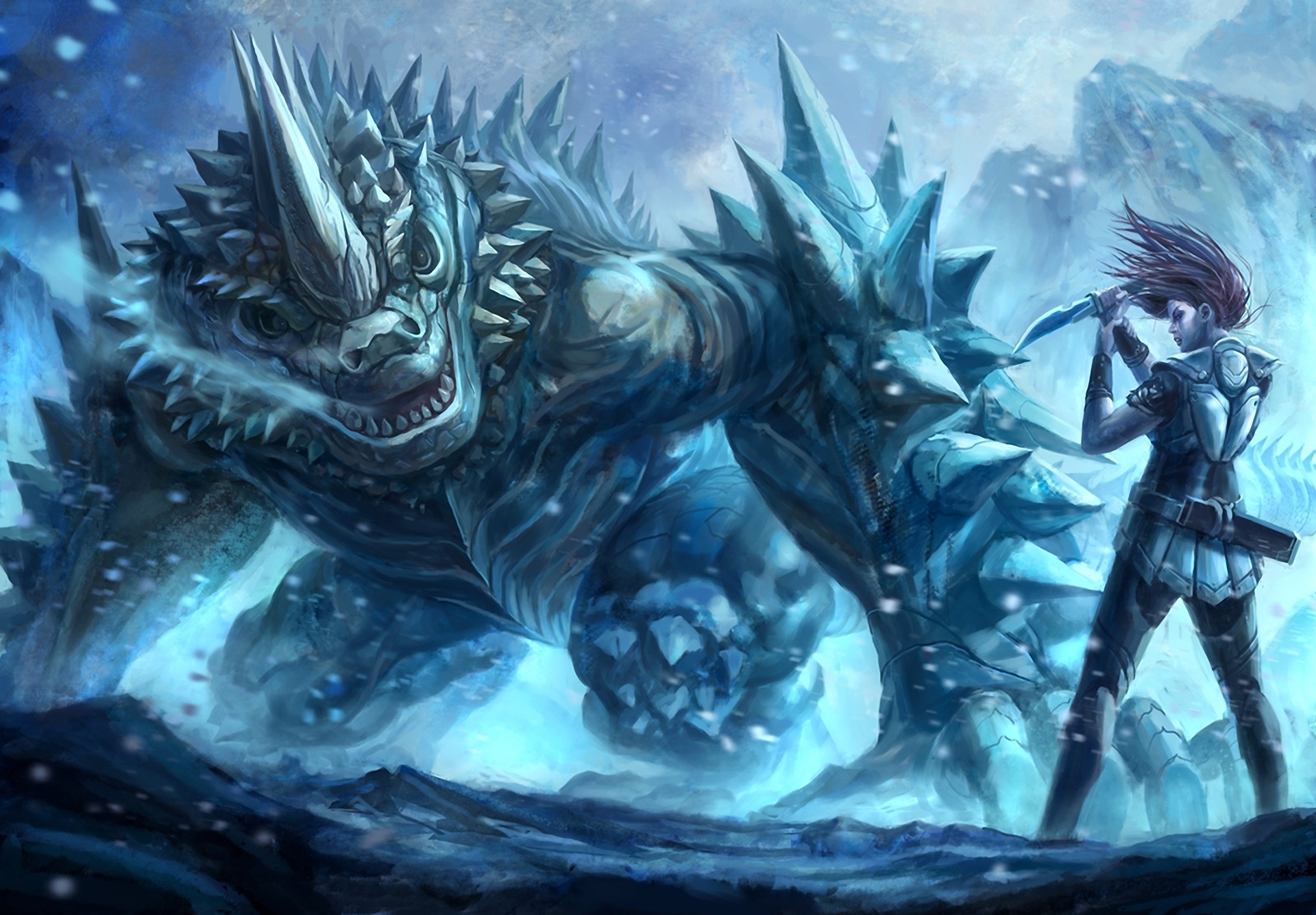 Woman fights ice monster in snowy landscape HD Wallpaper