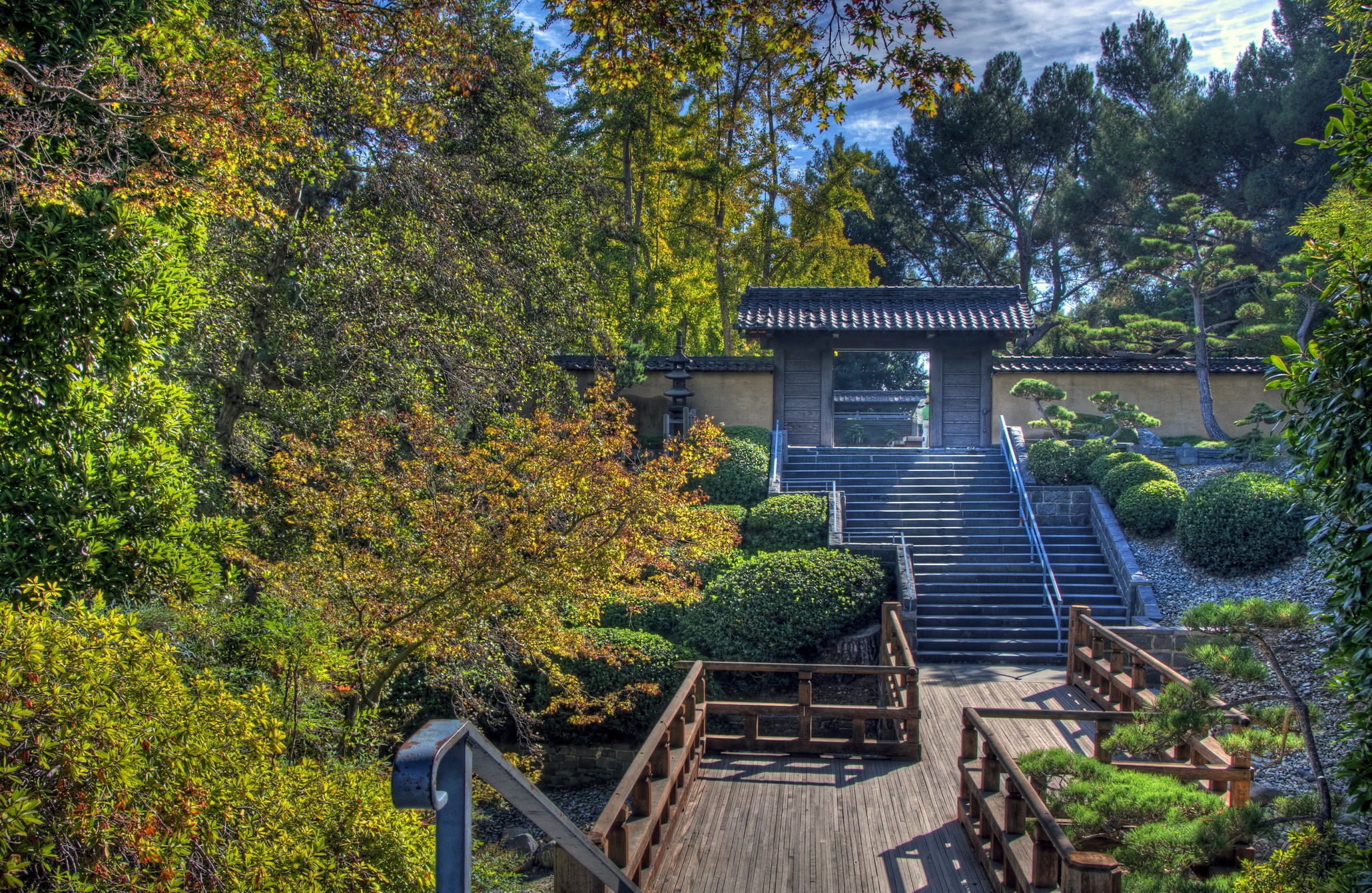 Japanese Garden Gate with Stairs and Wooden Walkway HD Wallpaper