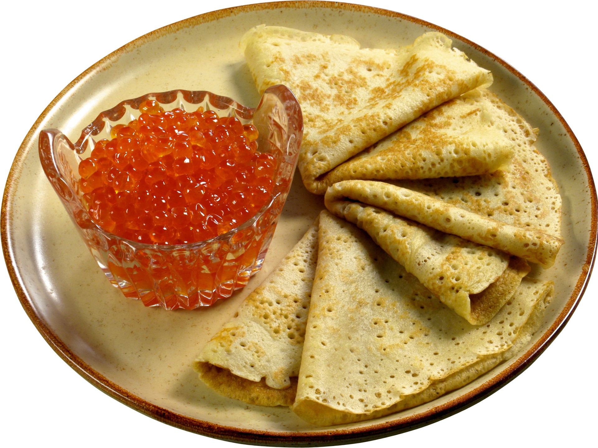 Pancakes with red caviar on a plate HD Wallpaper