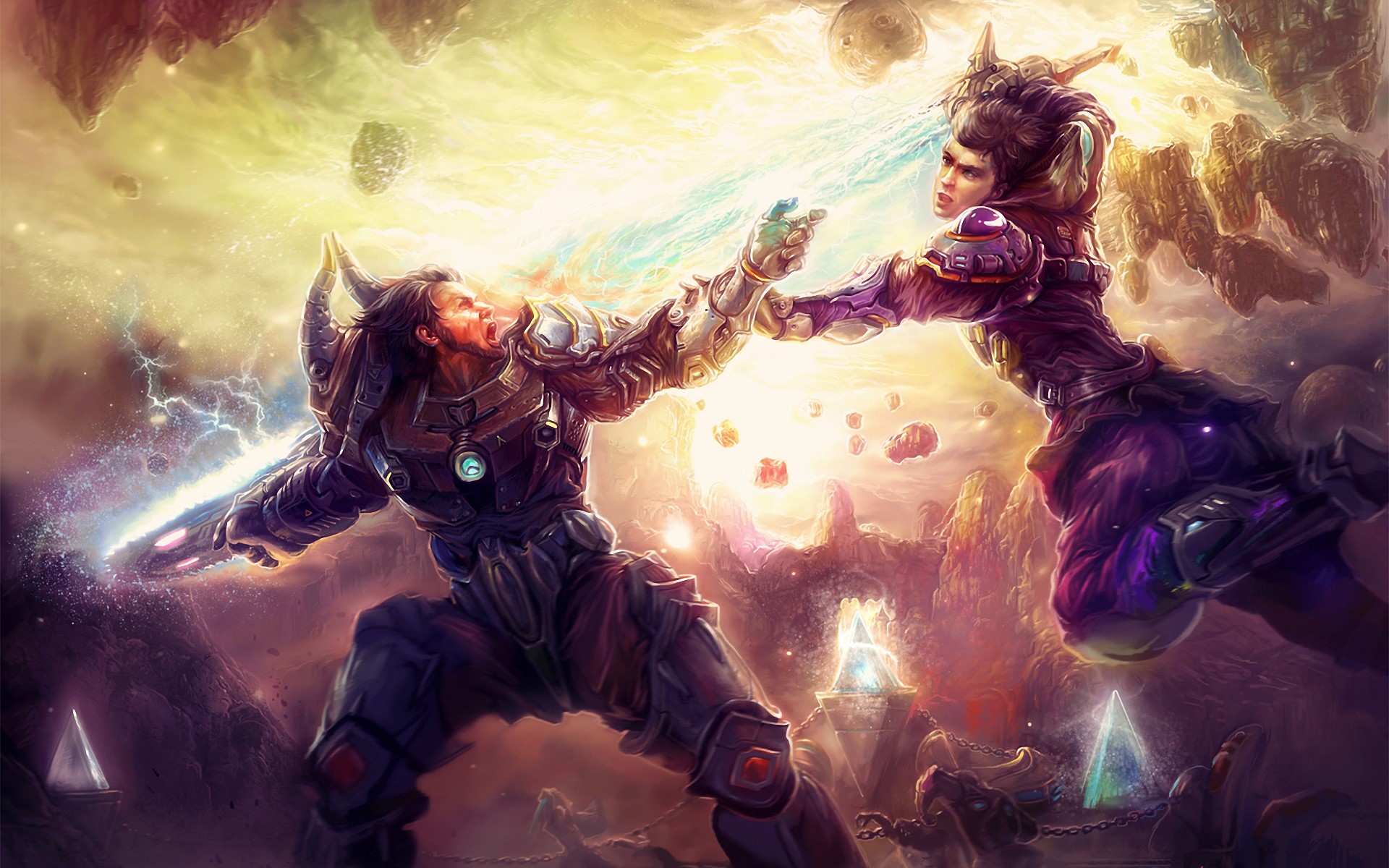 Two warriors battling with magical energy and swords HD Wallpaper