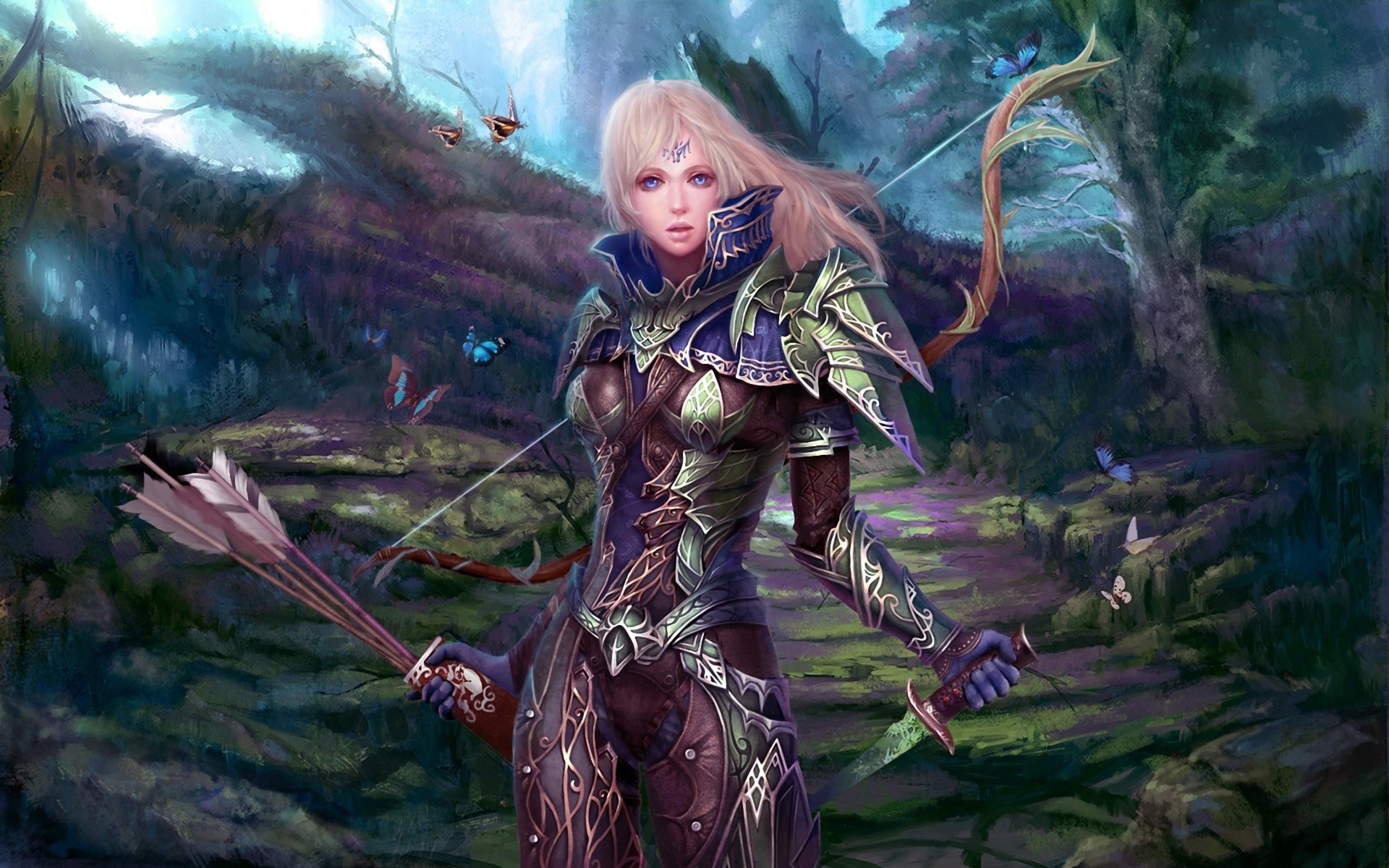 Elf archer with bow and arrows in a forest HD Wallpaper