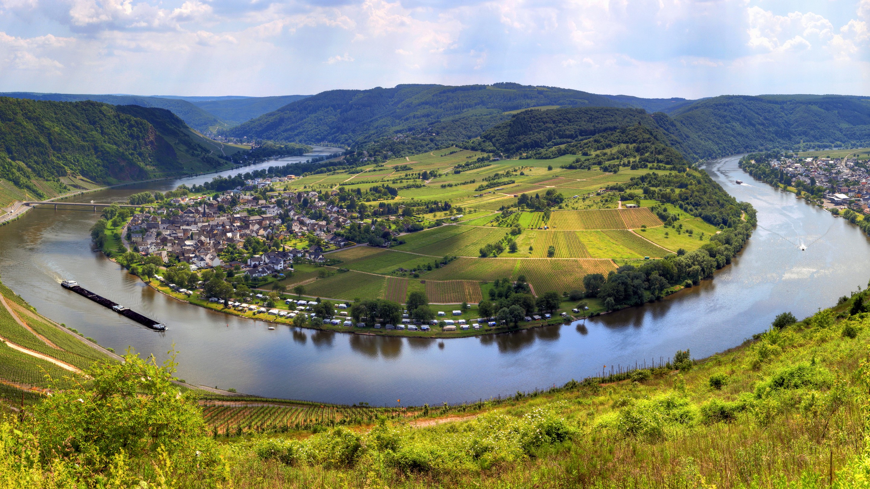 River bend with vineyards and town in Germany HD Wallpaper