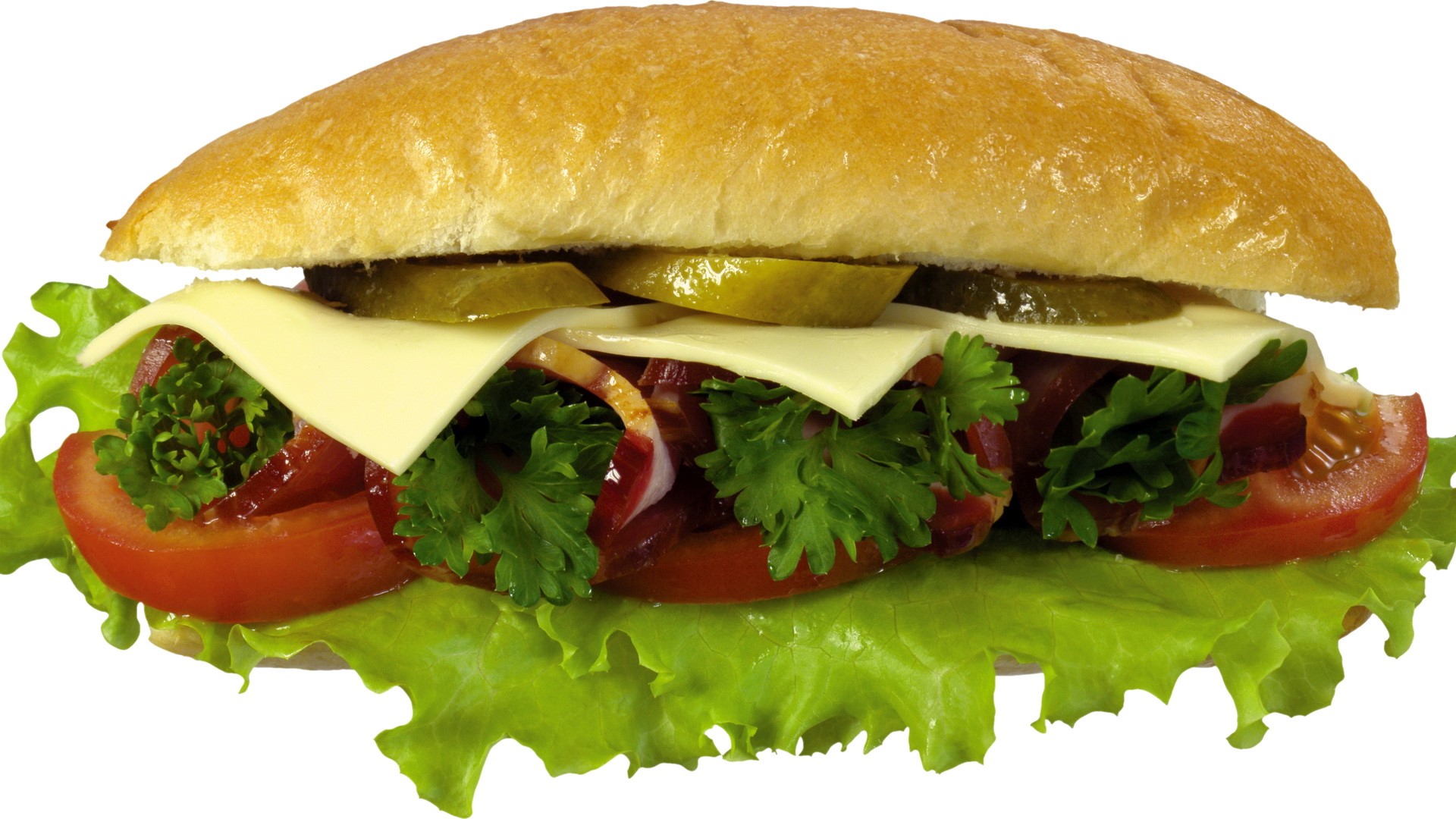 Sandwich with lettuce, tomato, cheese, pickles, and herbs HD Wallpaper