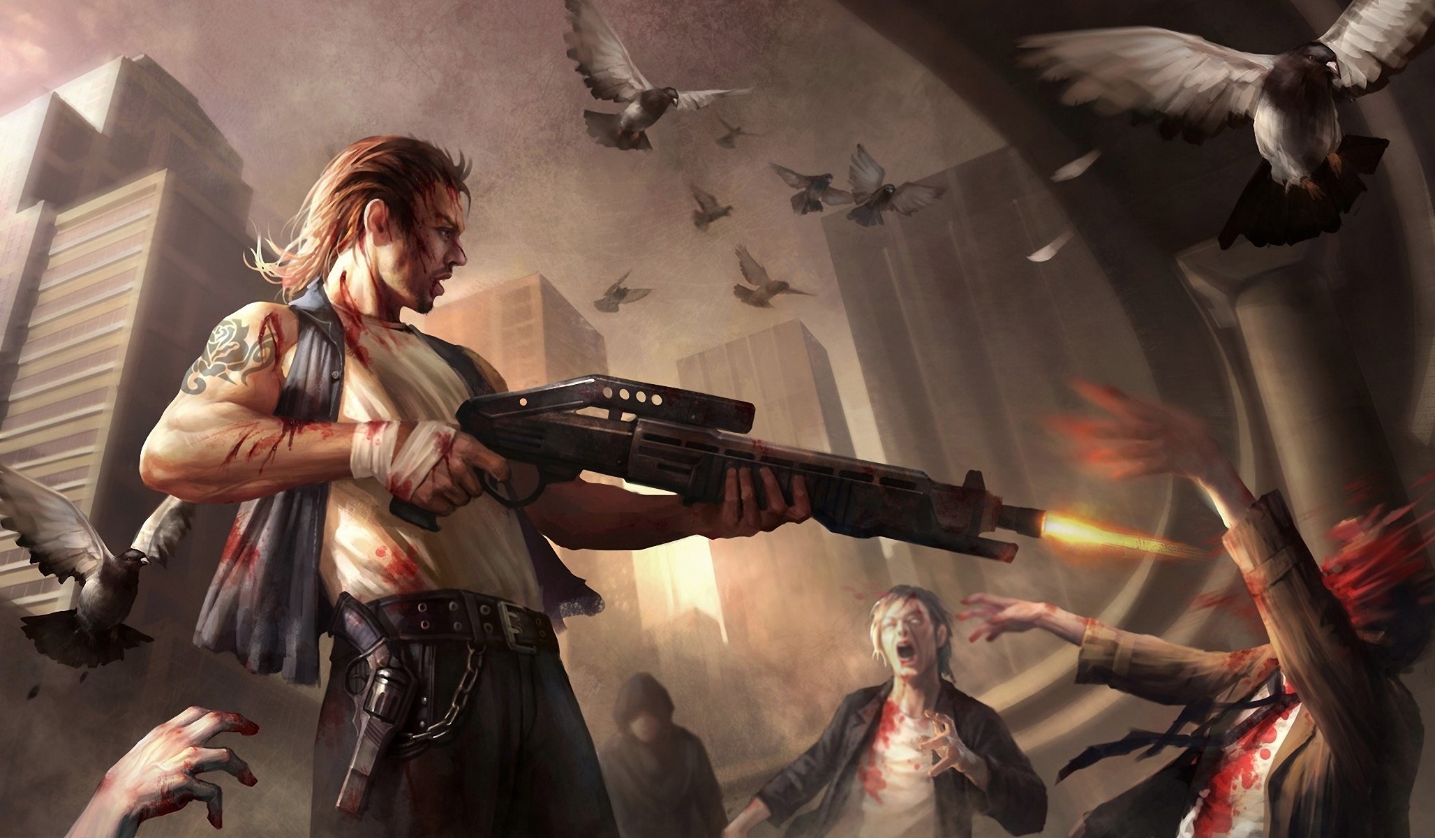 Man with shotgun fighting zombies in city HD Wallpaper