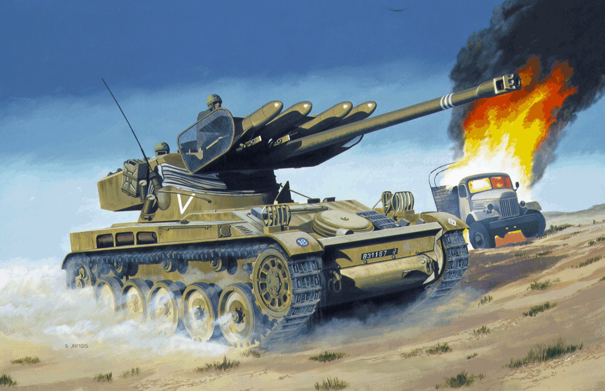 Painting of a tank firing at a burning truck HD Wallpaper