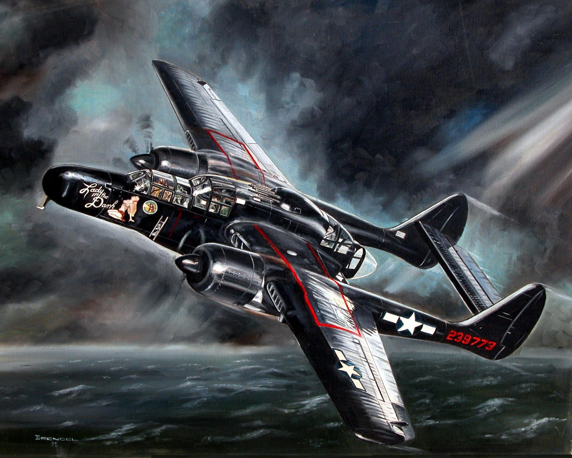 Painting of a black twin-engine bomber aircraft flying over the ocean HD Wallpaper