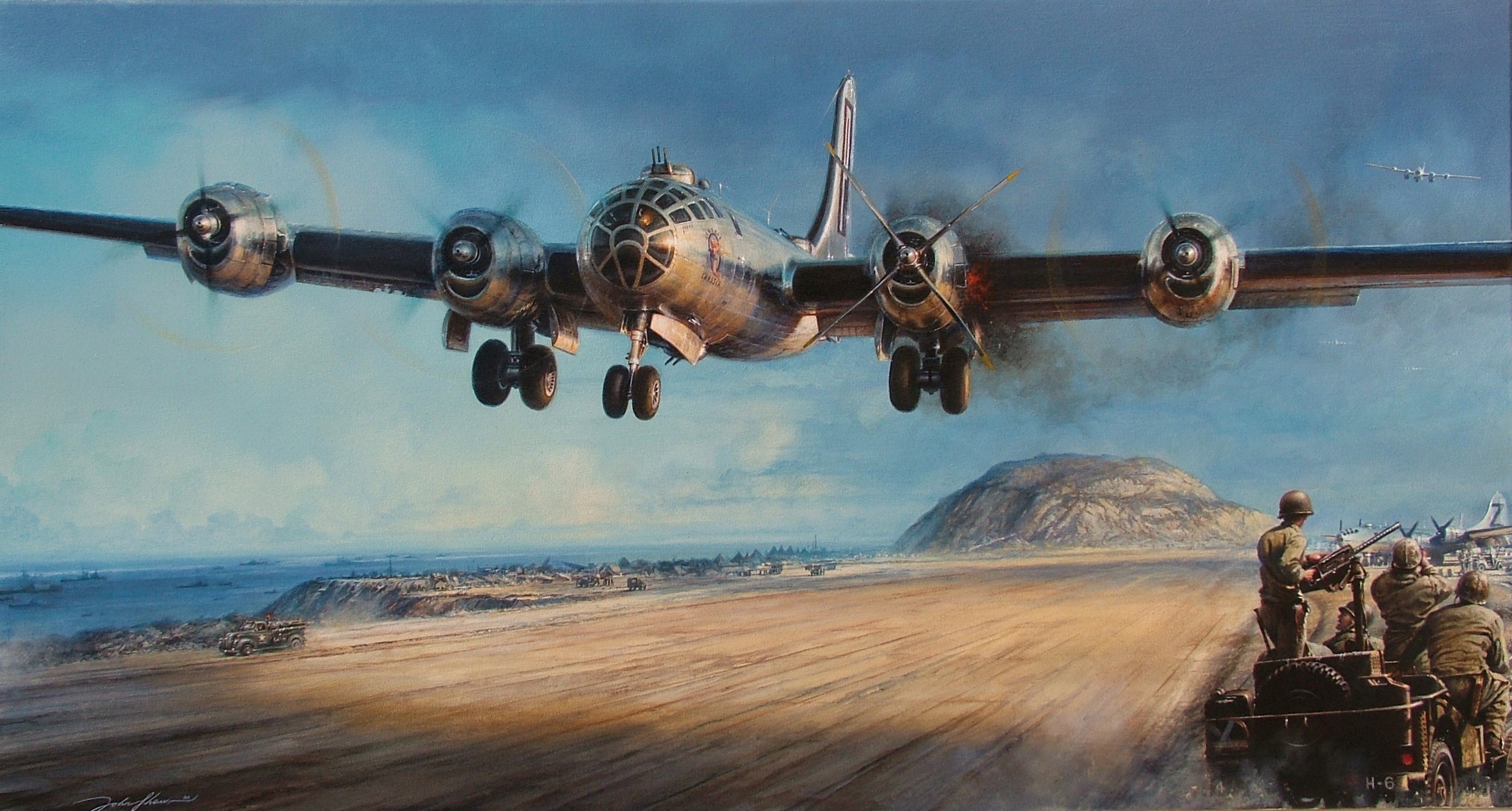 Painting of a bomber aircraft landing on a runway with soldiers HD Wallpaper