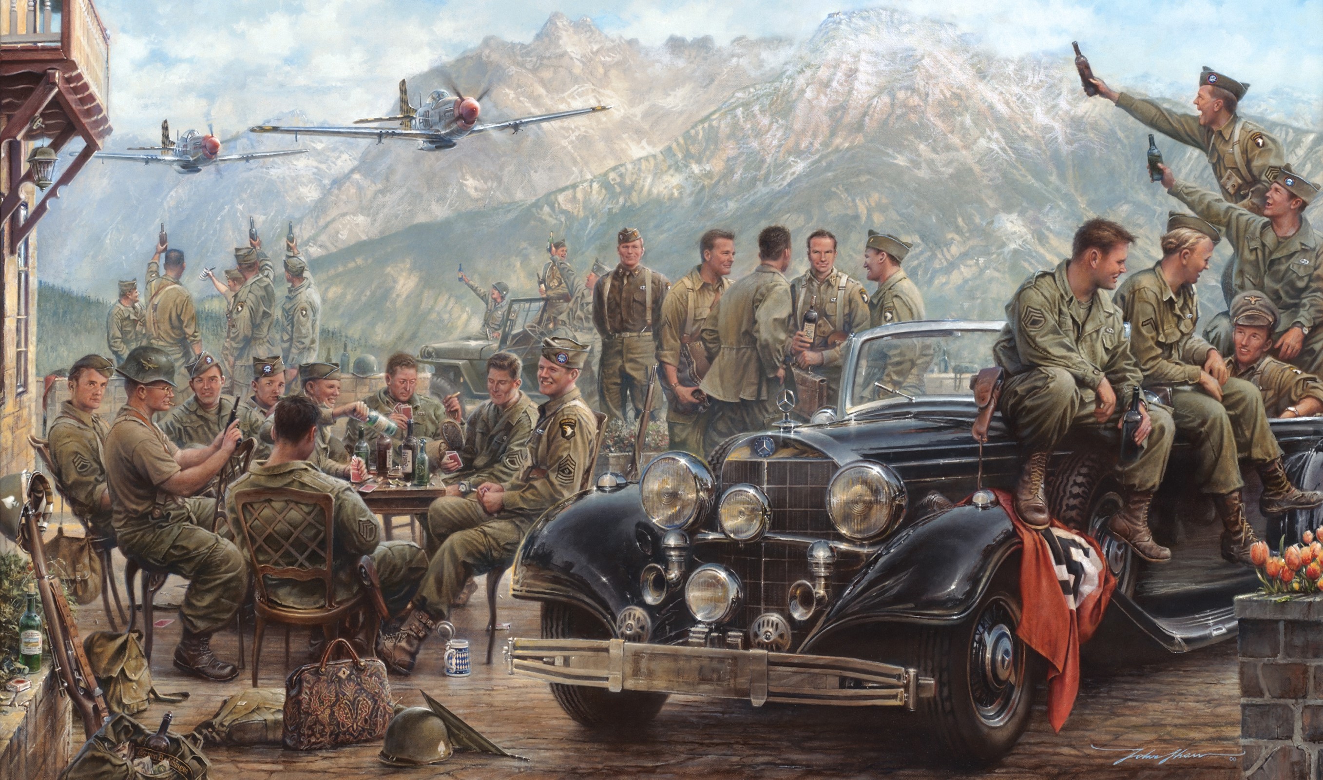 Soldiers celebrating with a captured Nazi flag and Mercedes-Benz HD Wallpaper