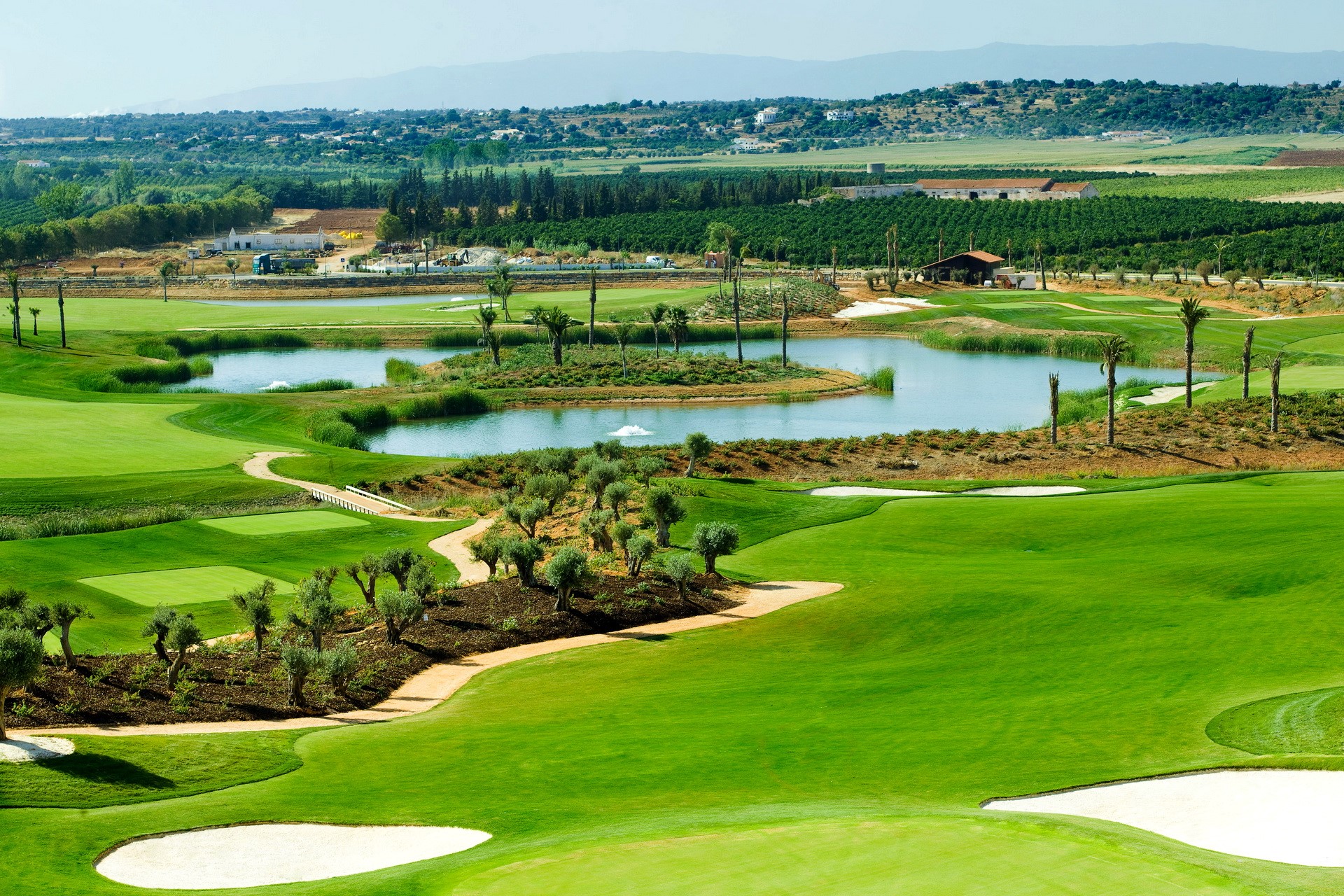 Golf course with water features and olive trees HD Wallpaper