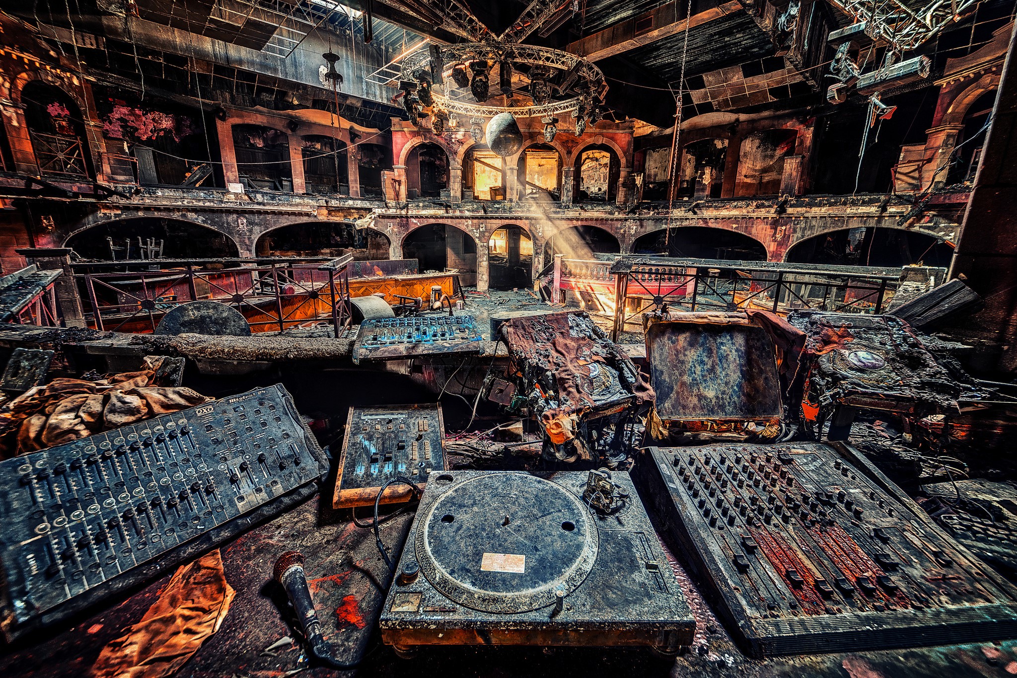 Abandoned nightclub with DJ equipment after a fire HD Wallpaper