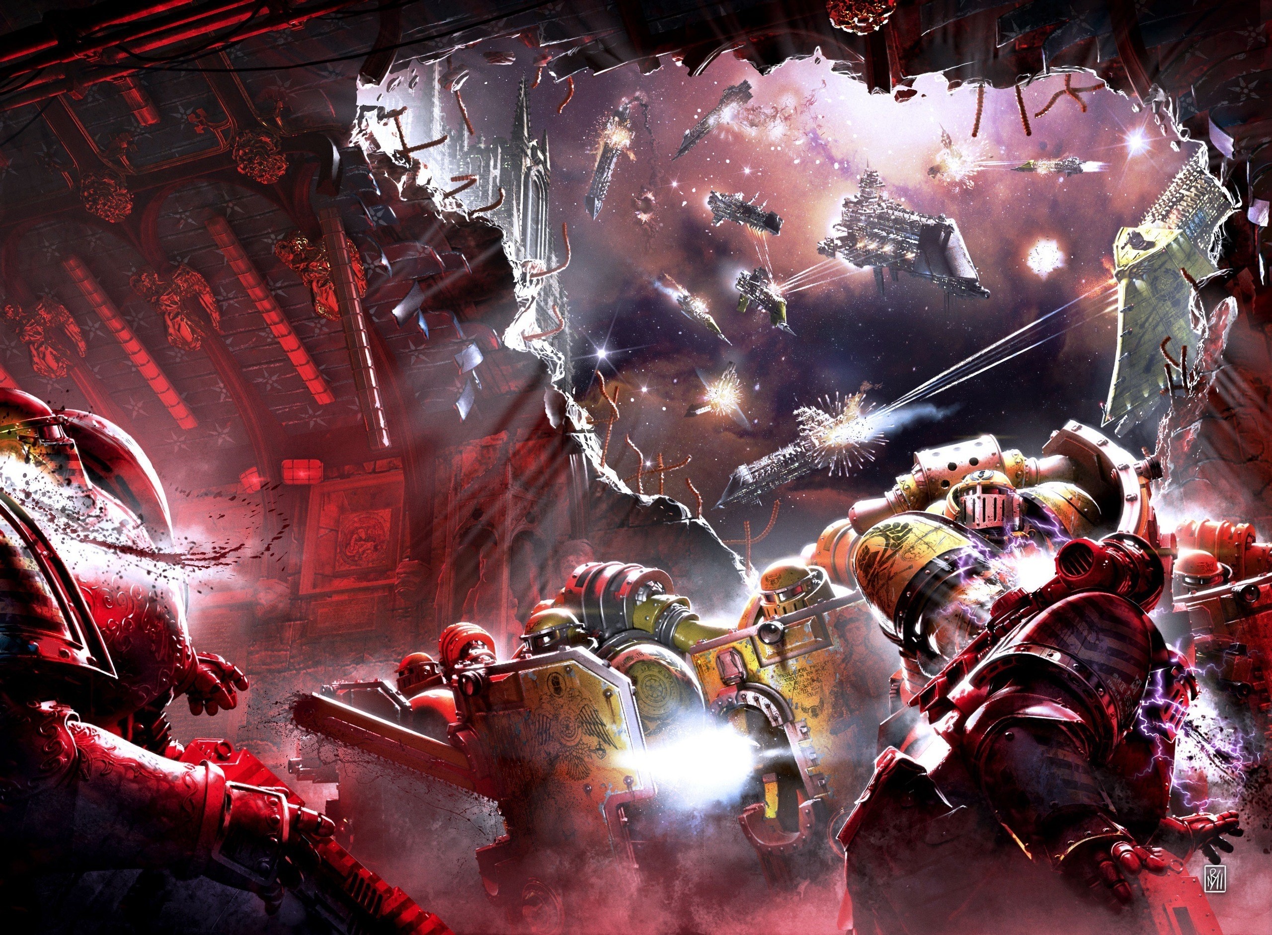 Warhammer 40000 Space Marines battle in ruined cathedral HD Wallpaper