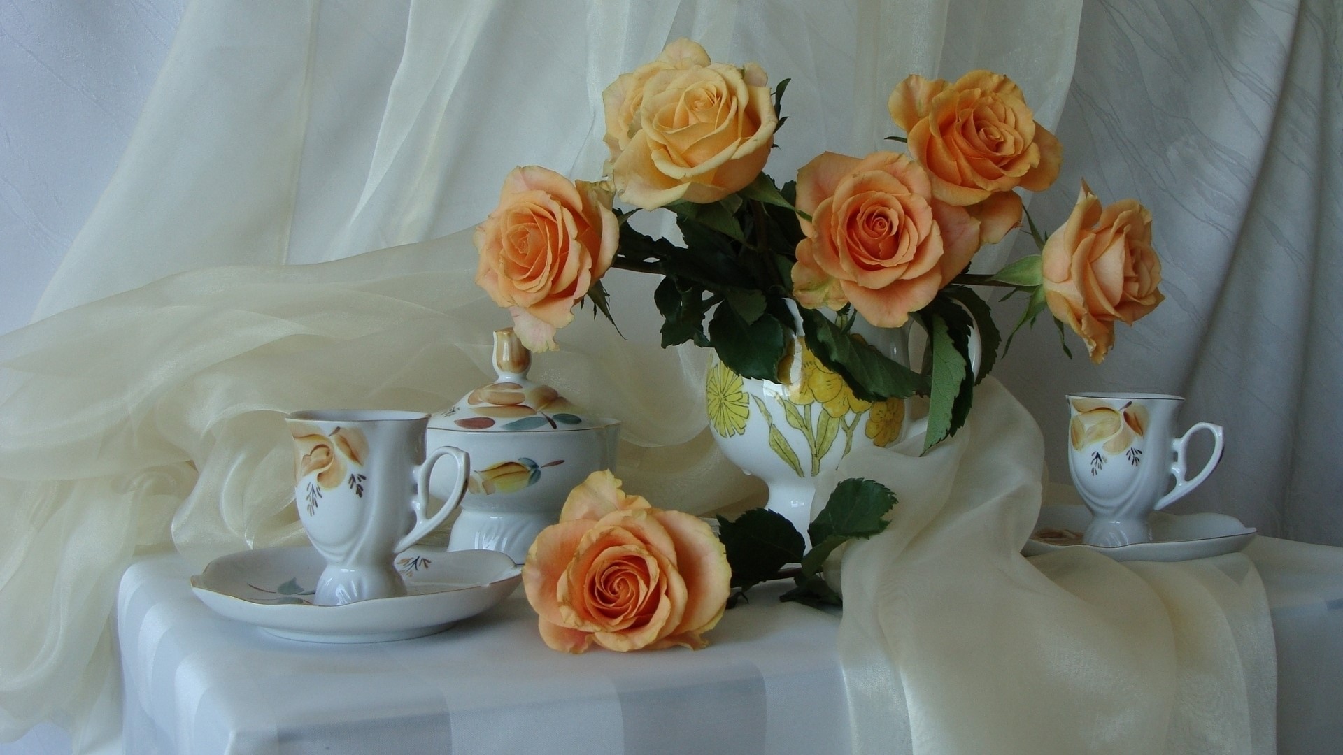 Still life with orange roses and tea set HD Wallpaper