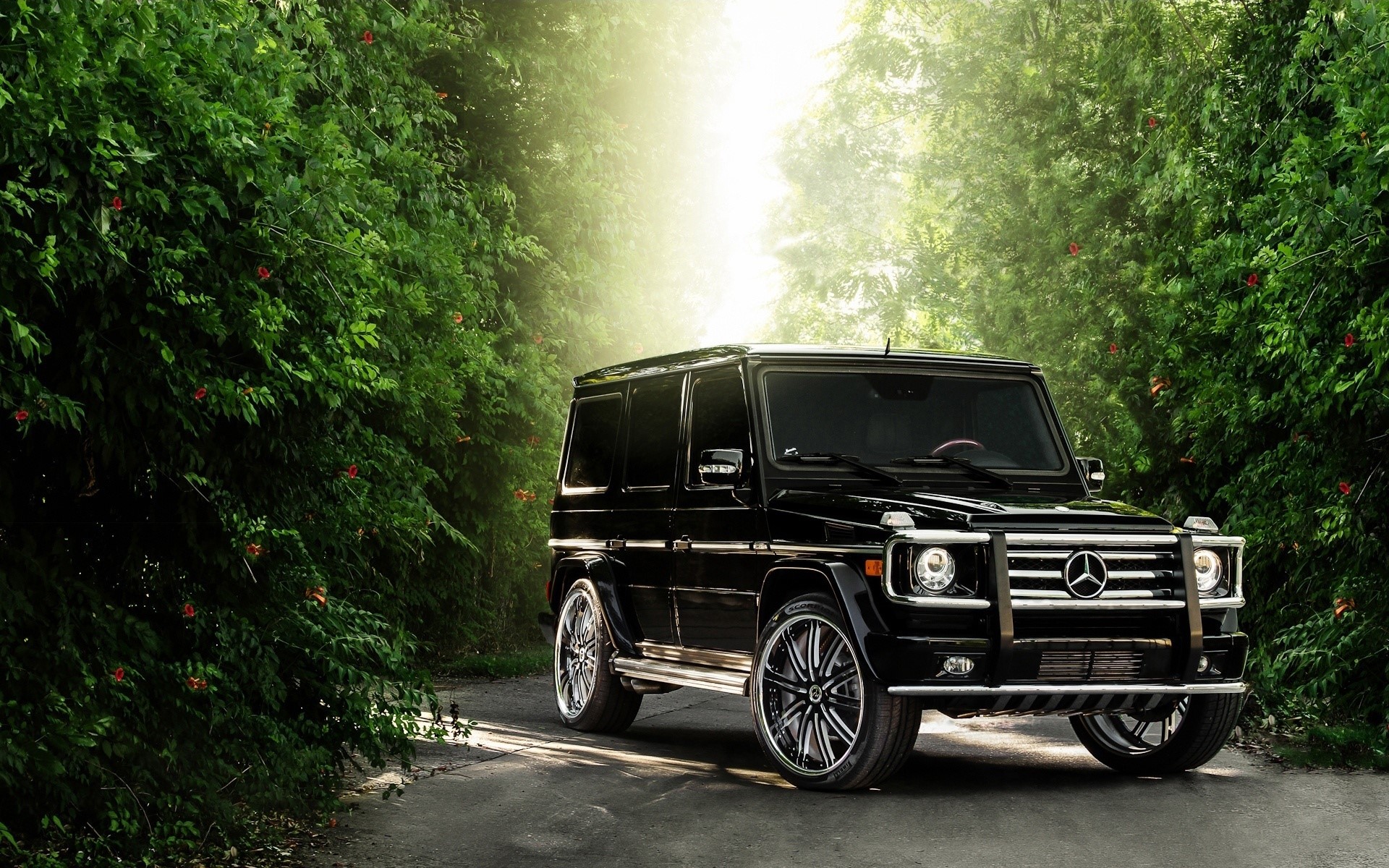 Black Mercedes-Benz G-Wagon on a forest road HD Wallpaper