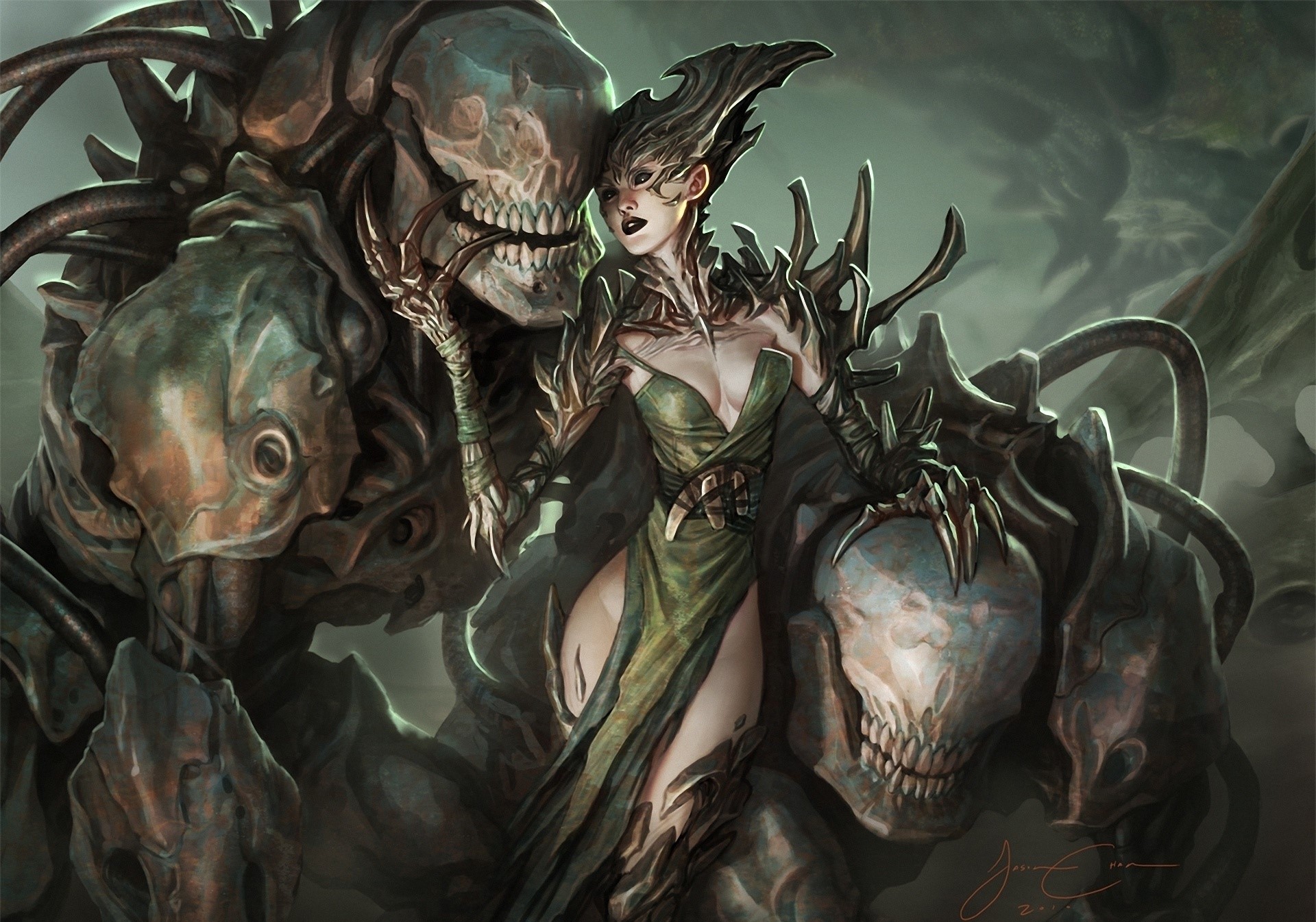 A woman with a monstrous creature HD Wallpaper