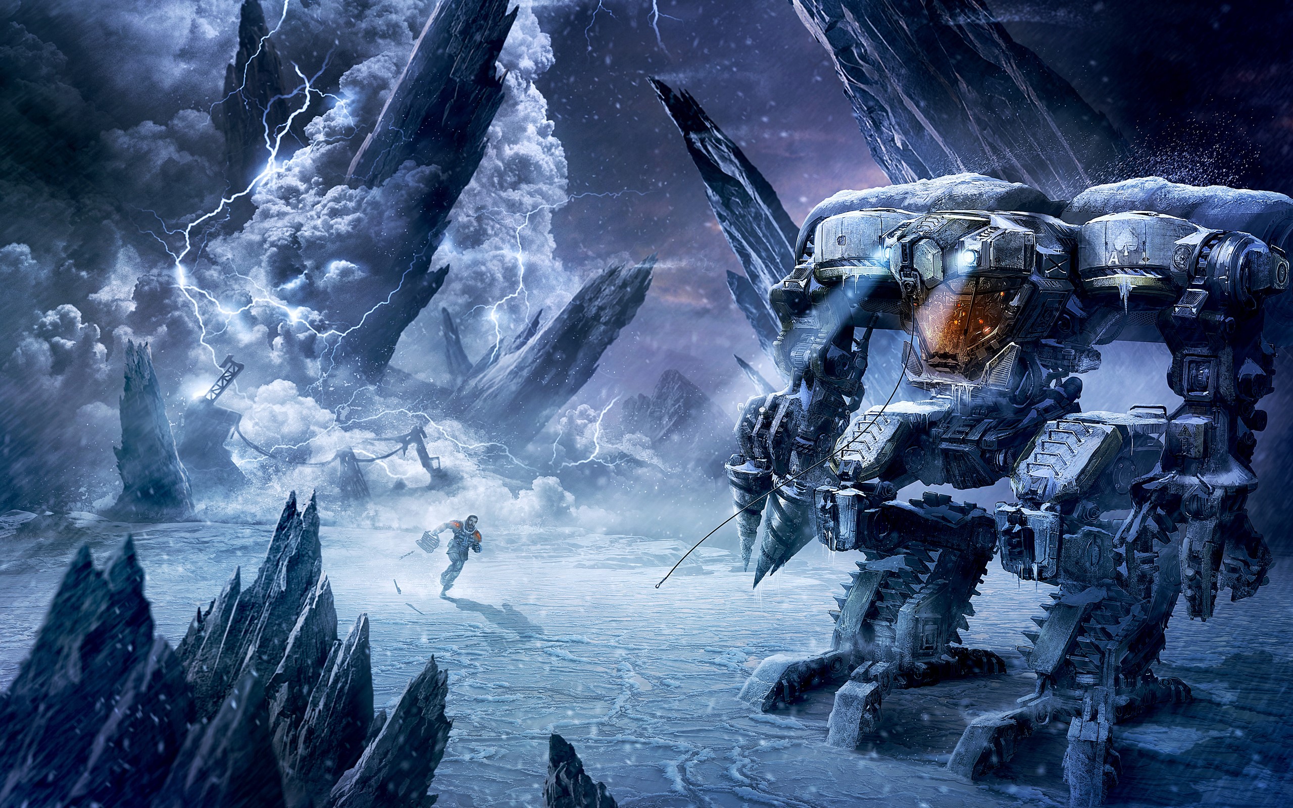 Mech and soldier in a snowy, stormy landscape from Lost Planet HD Wallpaper