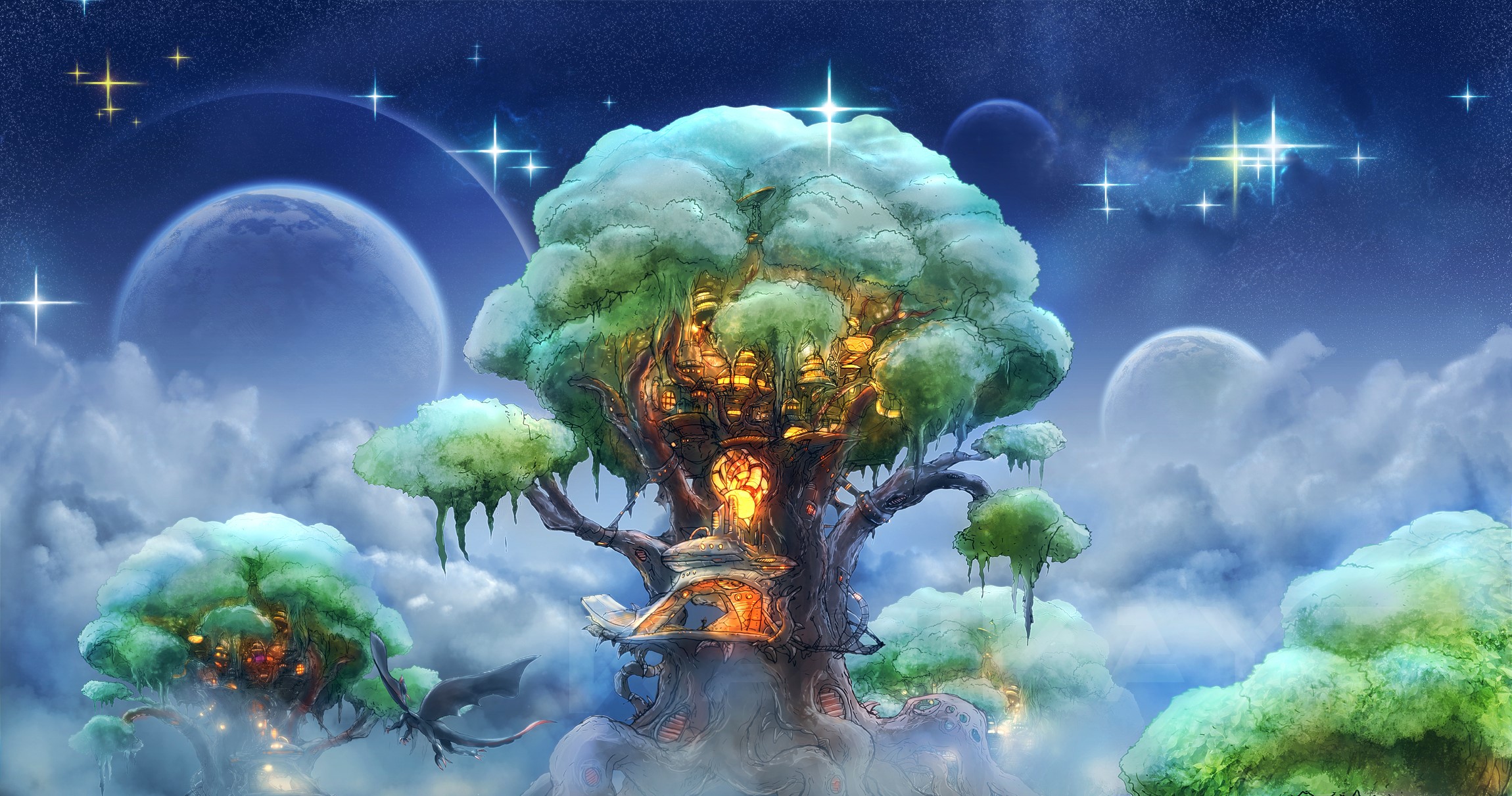 Fantasy tree city in the clouds with planets HD Wallpaper