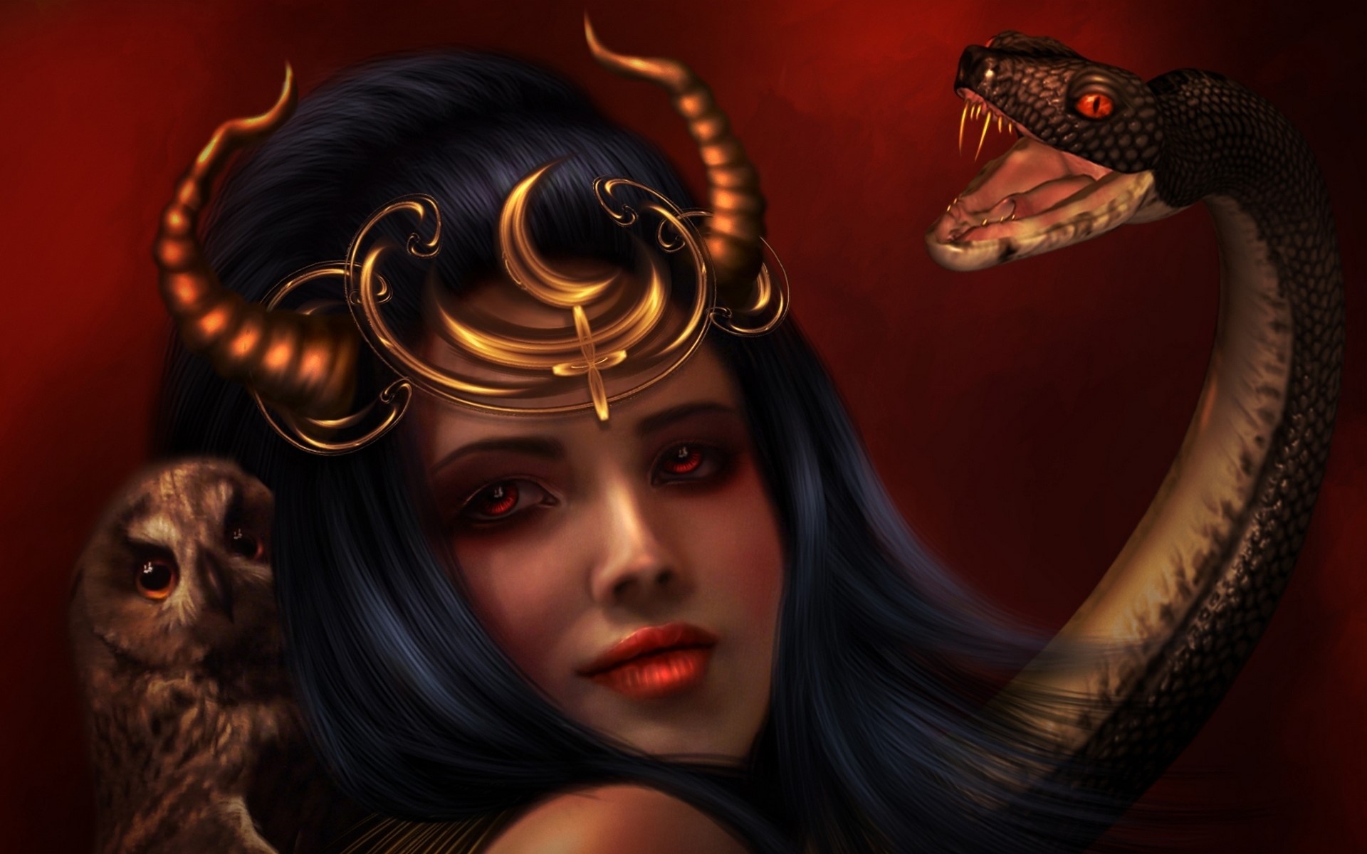 Woman with horns, owl, and snake HD Wallpaper