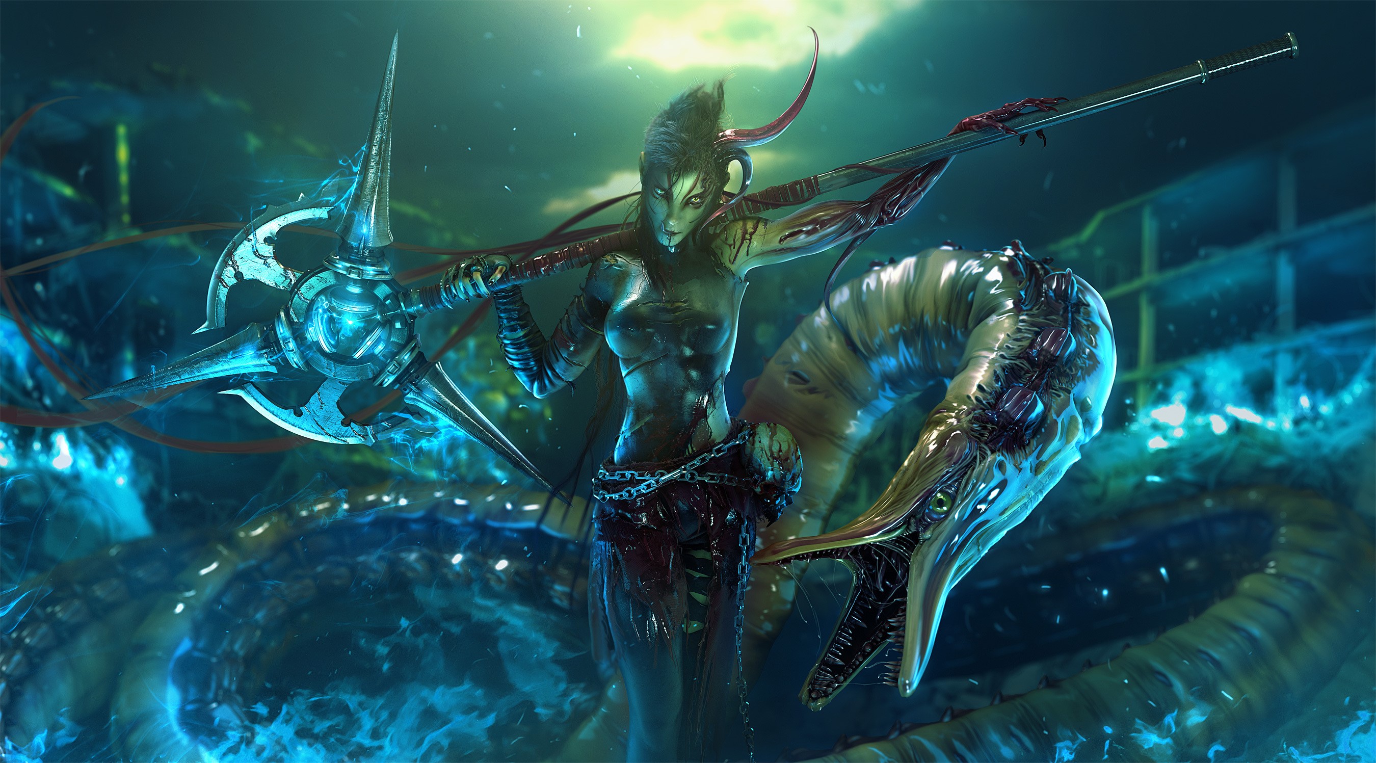 Naga warrior with trident and spear HD Wallpaper