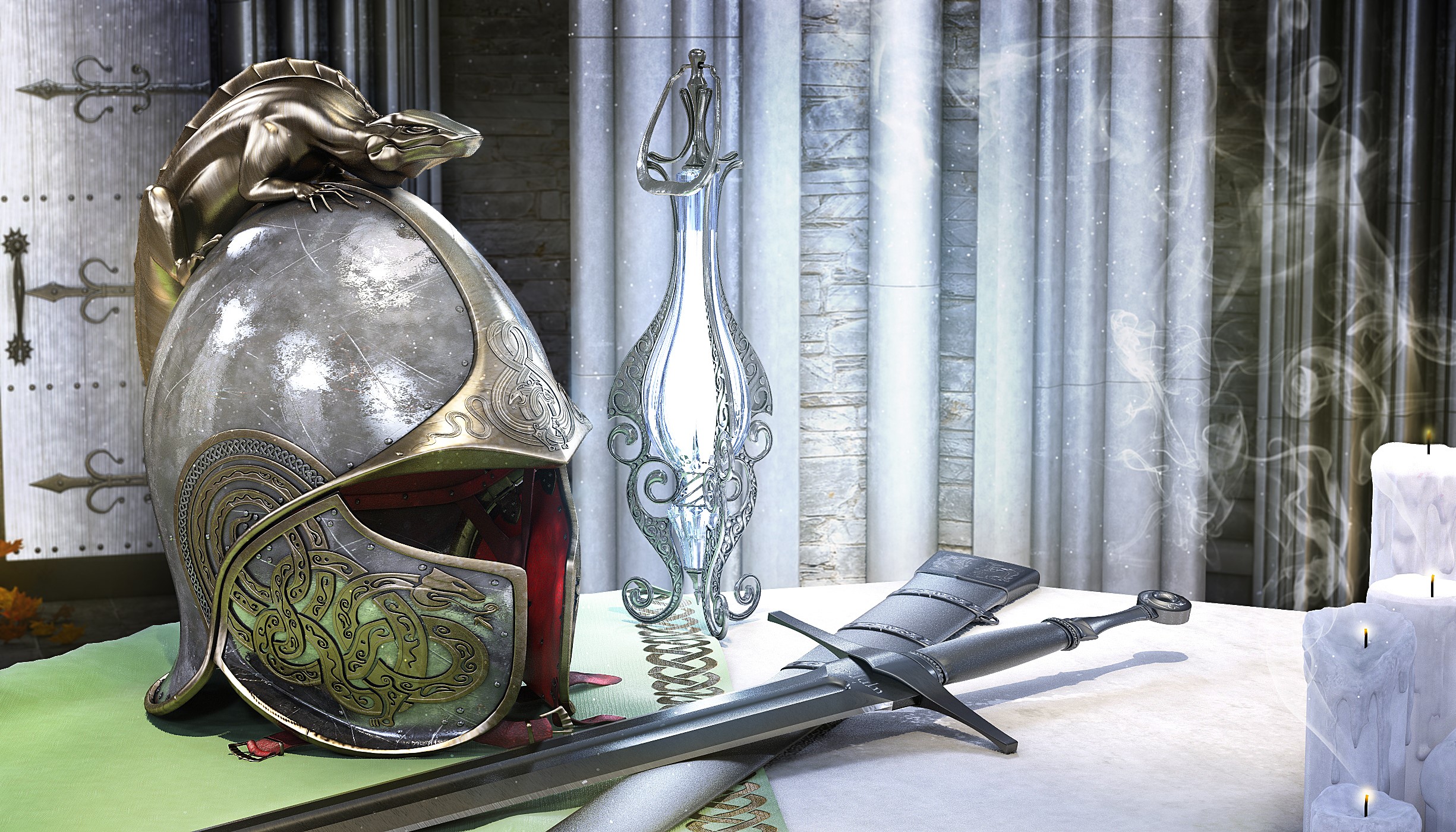 Fantasy Helmet, Sword, and Ornate Decanter HD Wallpaper