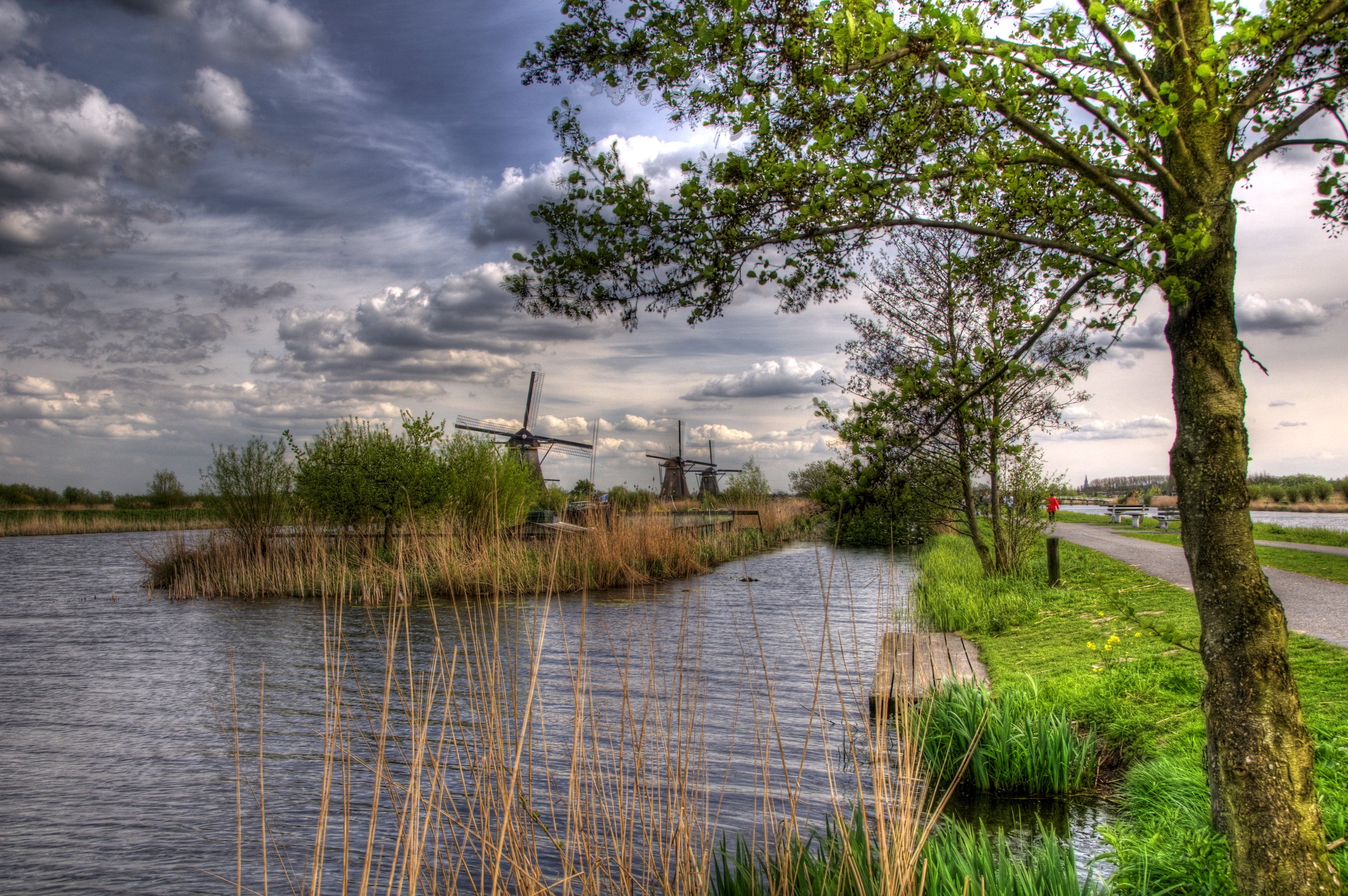 Windmills by a canal in the Netherlands HD Wallpaper