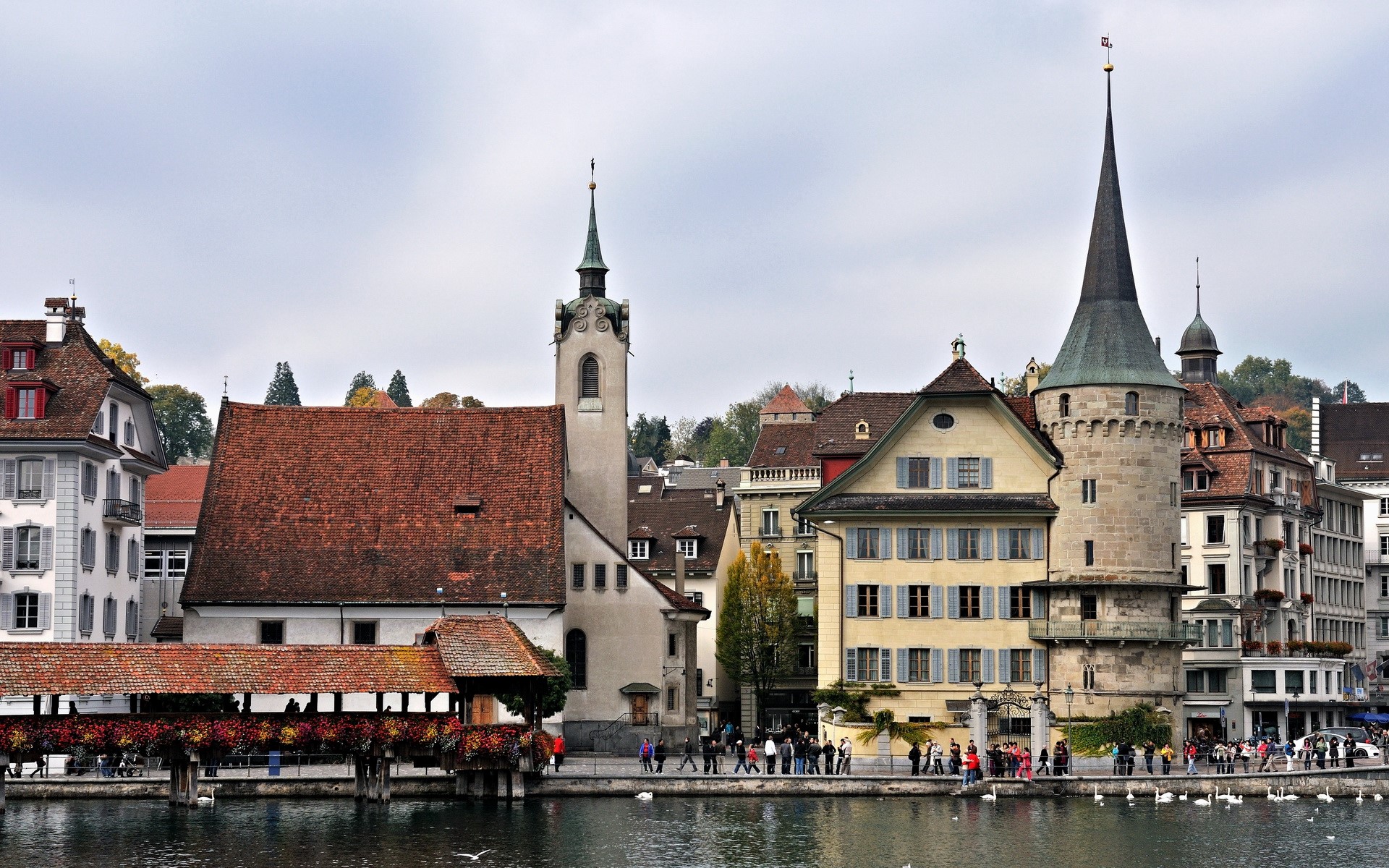 Chapel Bridge and Water Tower in Lucerne, Switzerland HD Wallpaper
