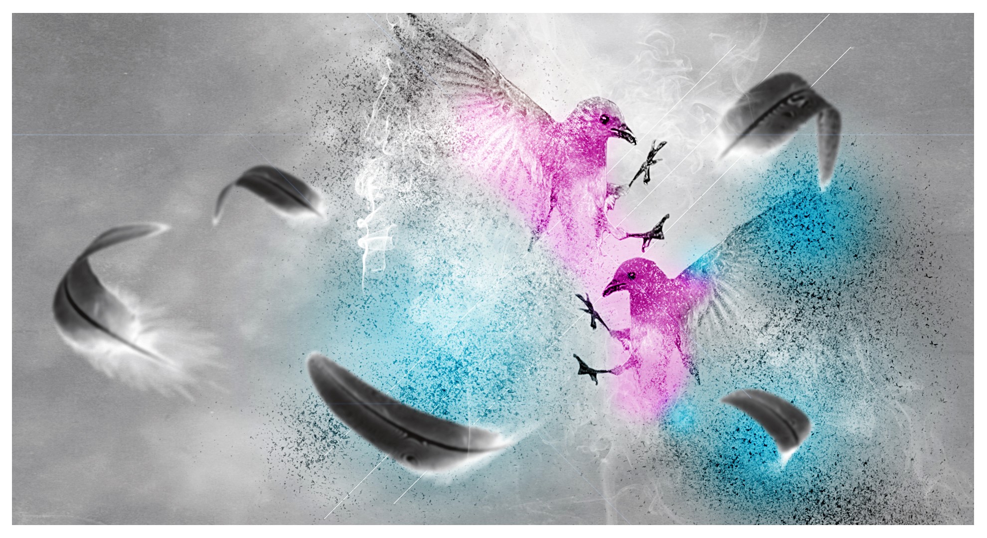 Two pink birds dissolving into particles with feathers HD Wallpaper