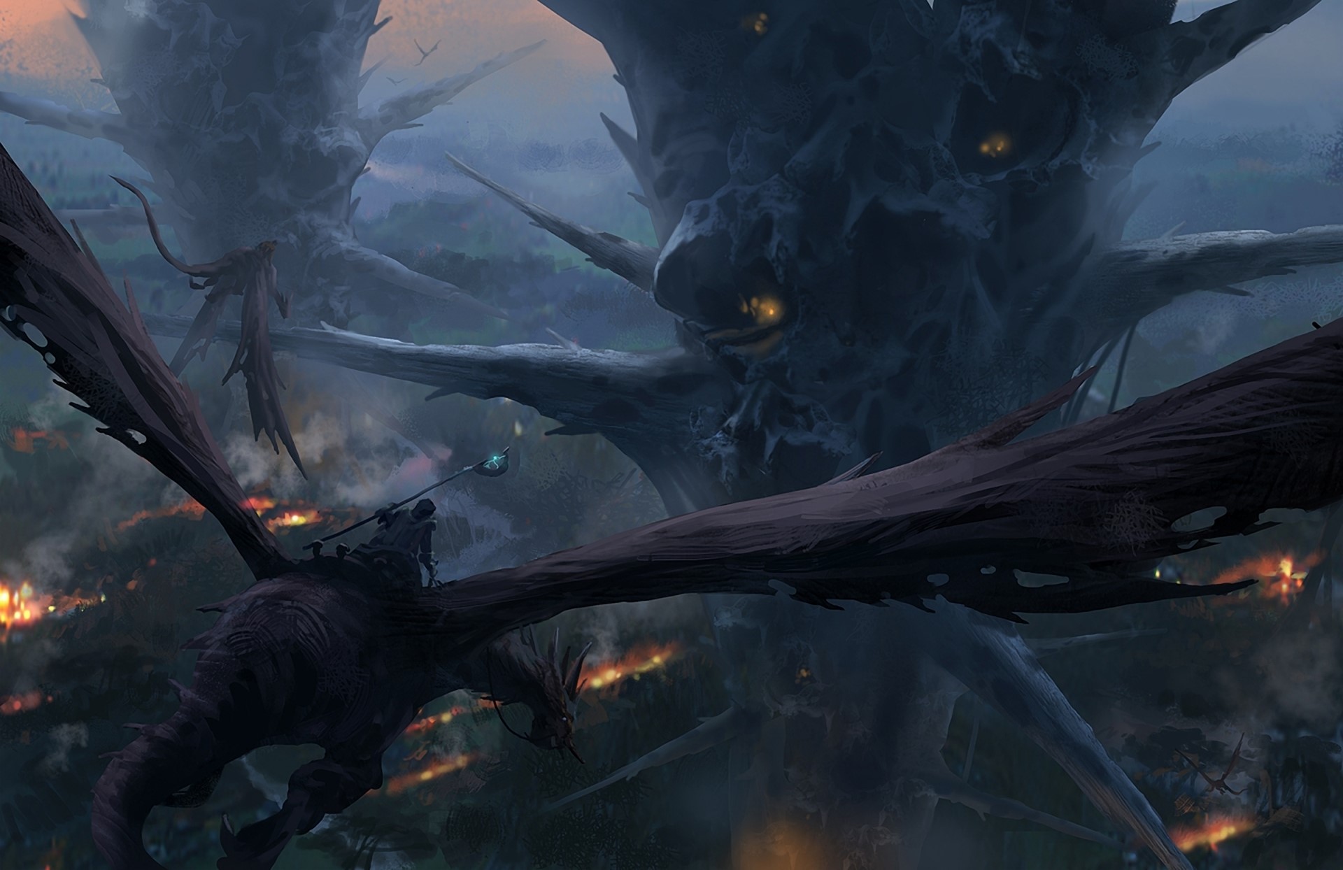 Dragon rider flying near giant trees HD Wallpaper