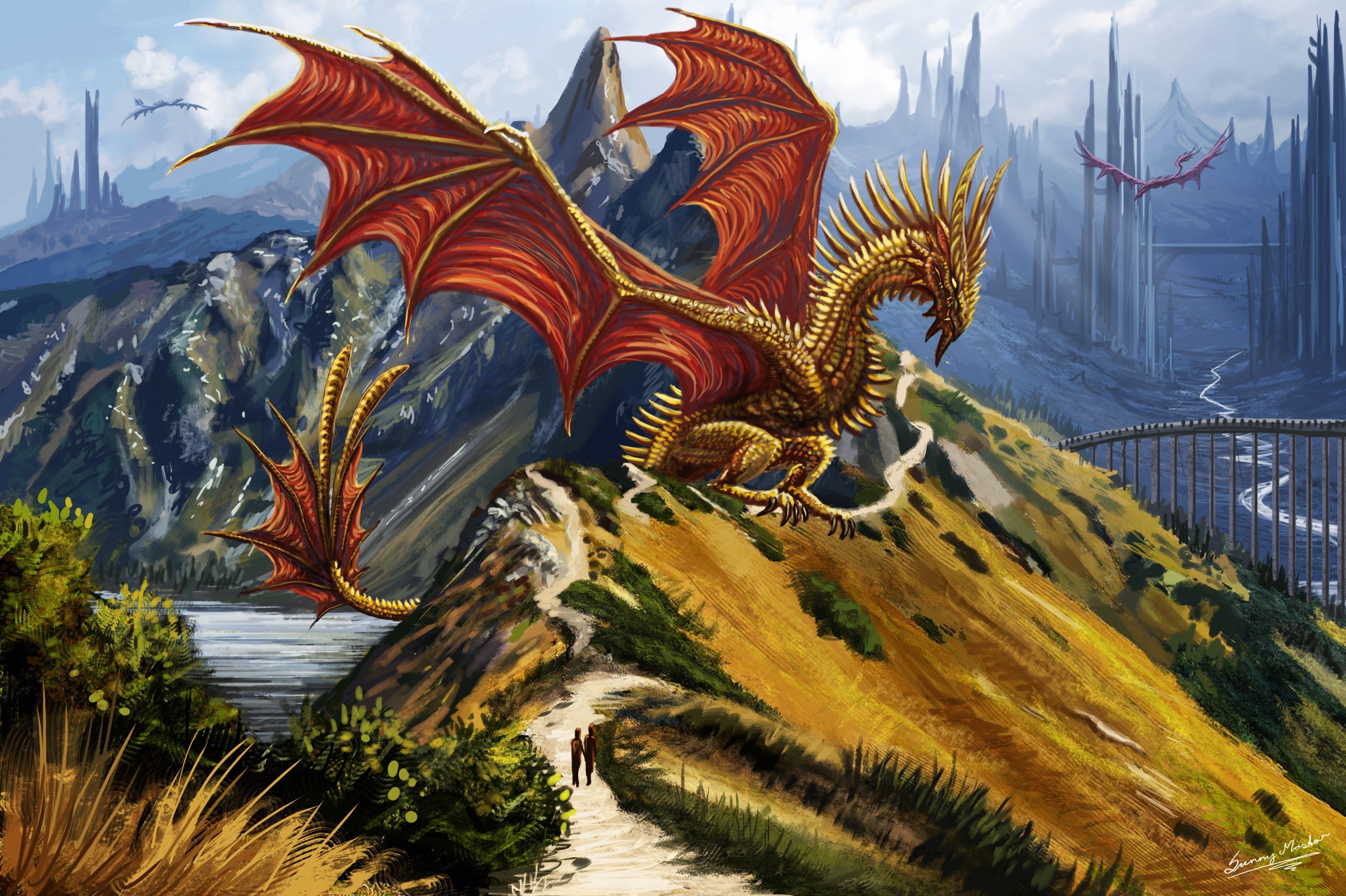 Golden dragon flying over mountains near a city HD Wallpaper