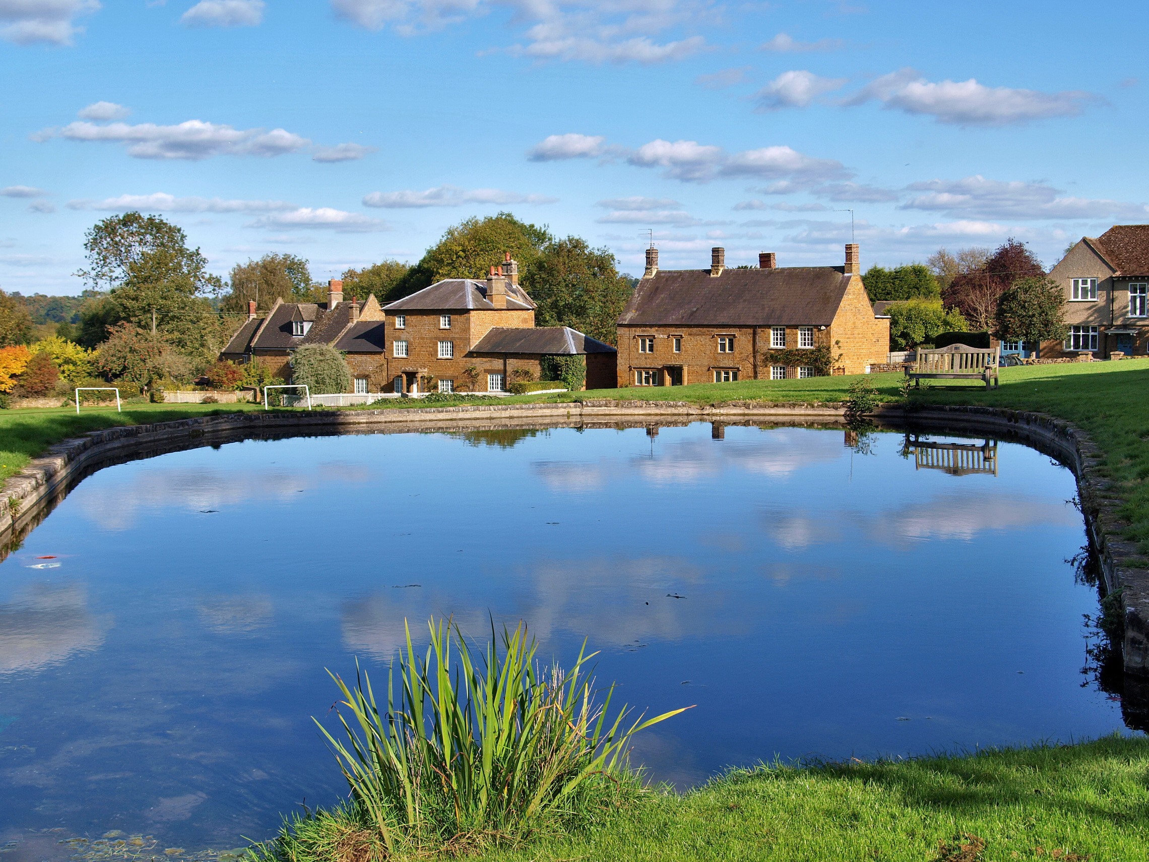 Village pond with houses and trees in the United Kingdom HD Wallpaper
