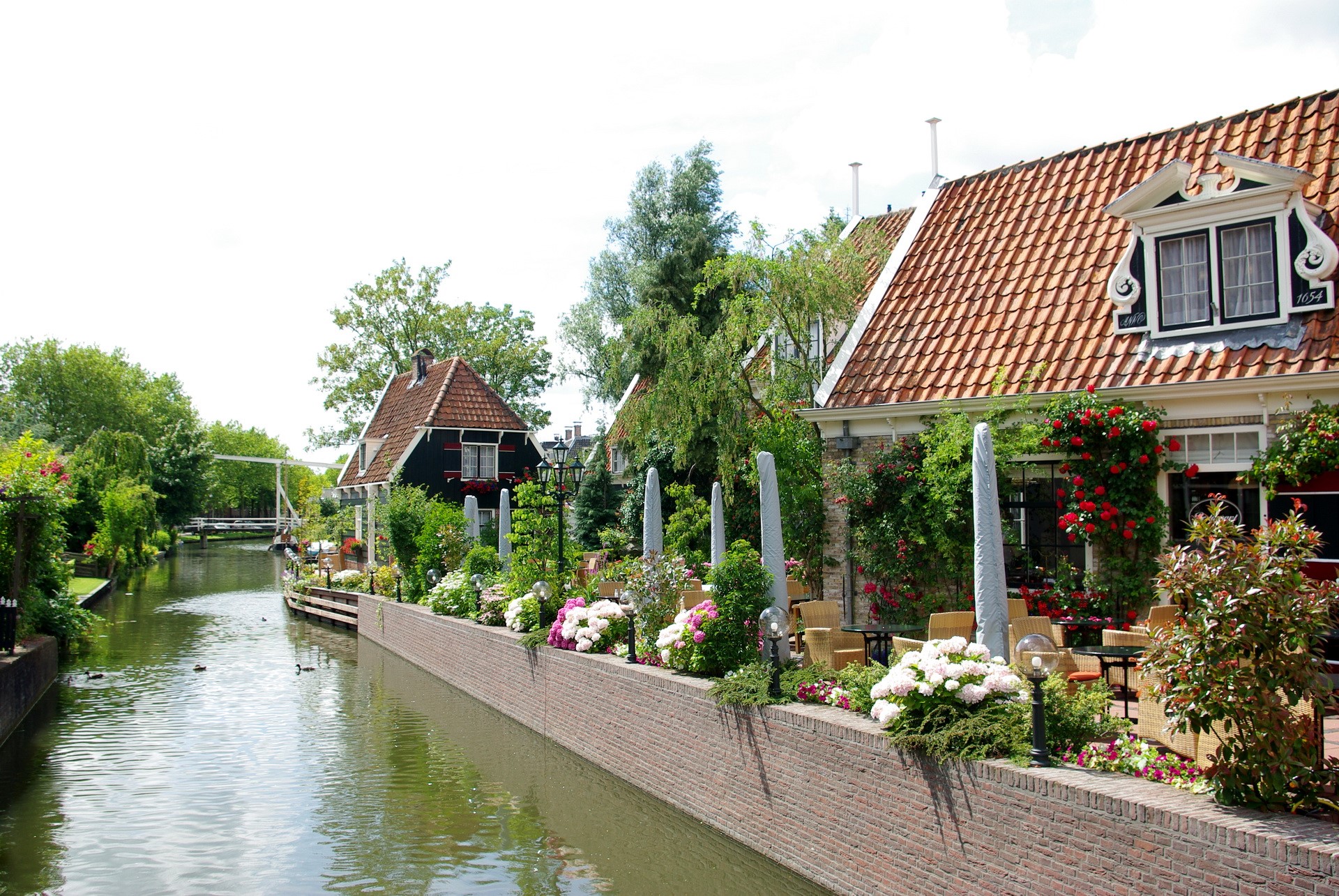 Canal-side houses and gardens in Abbekerk, Netherlands HD Wallpaper