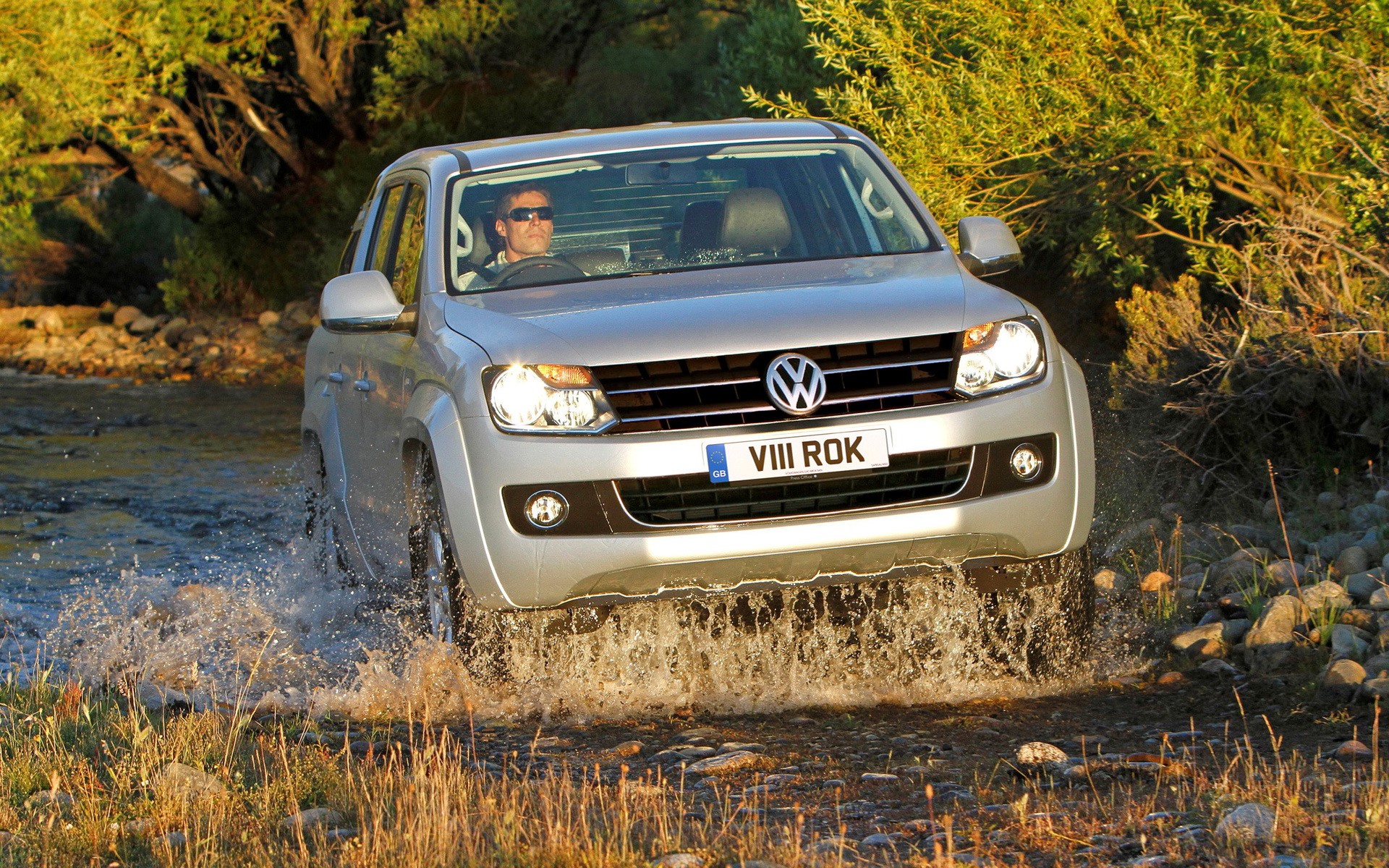 Silver Volkswagen Amarok driving through water HD Wallpaper