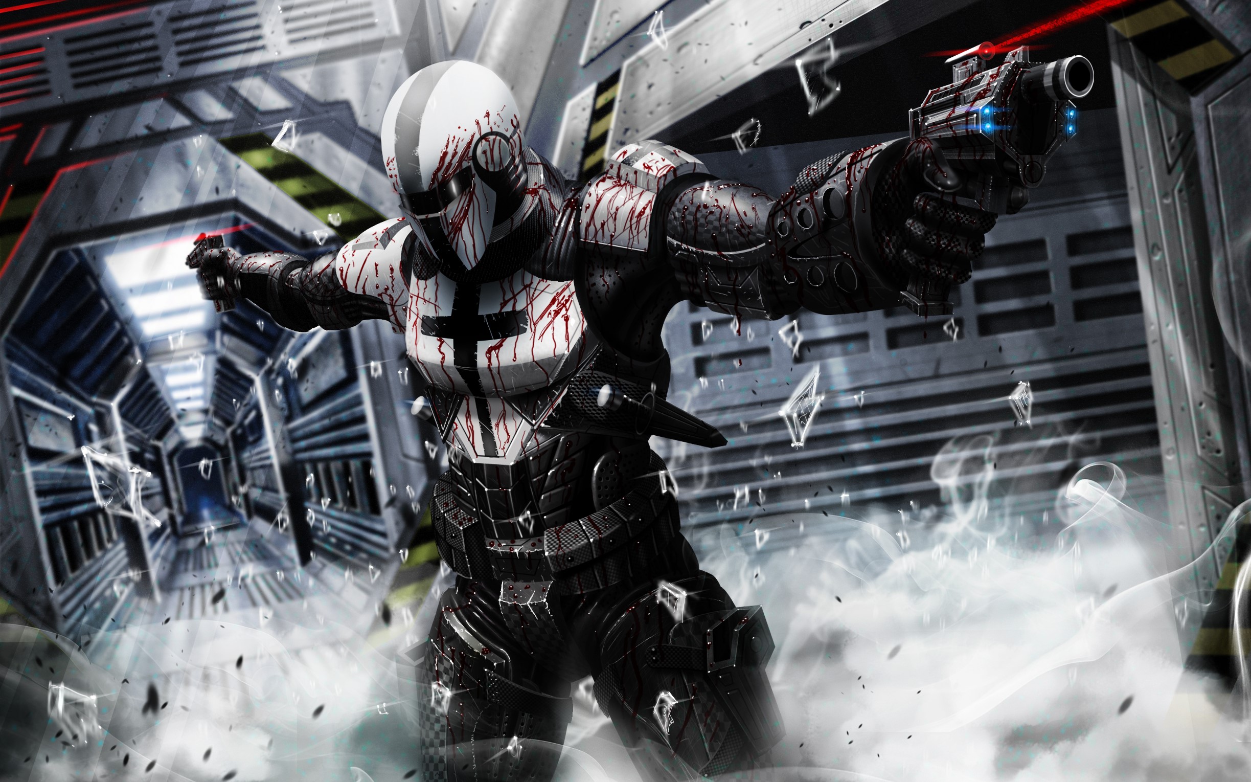 Bloody warrior in armor with pistols in a futuristic corridor HD Wallpaper