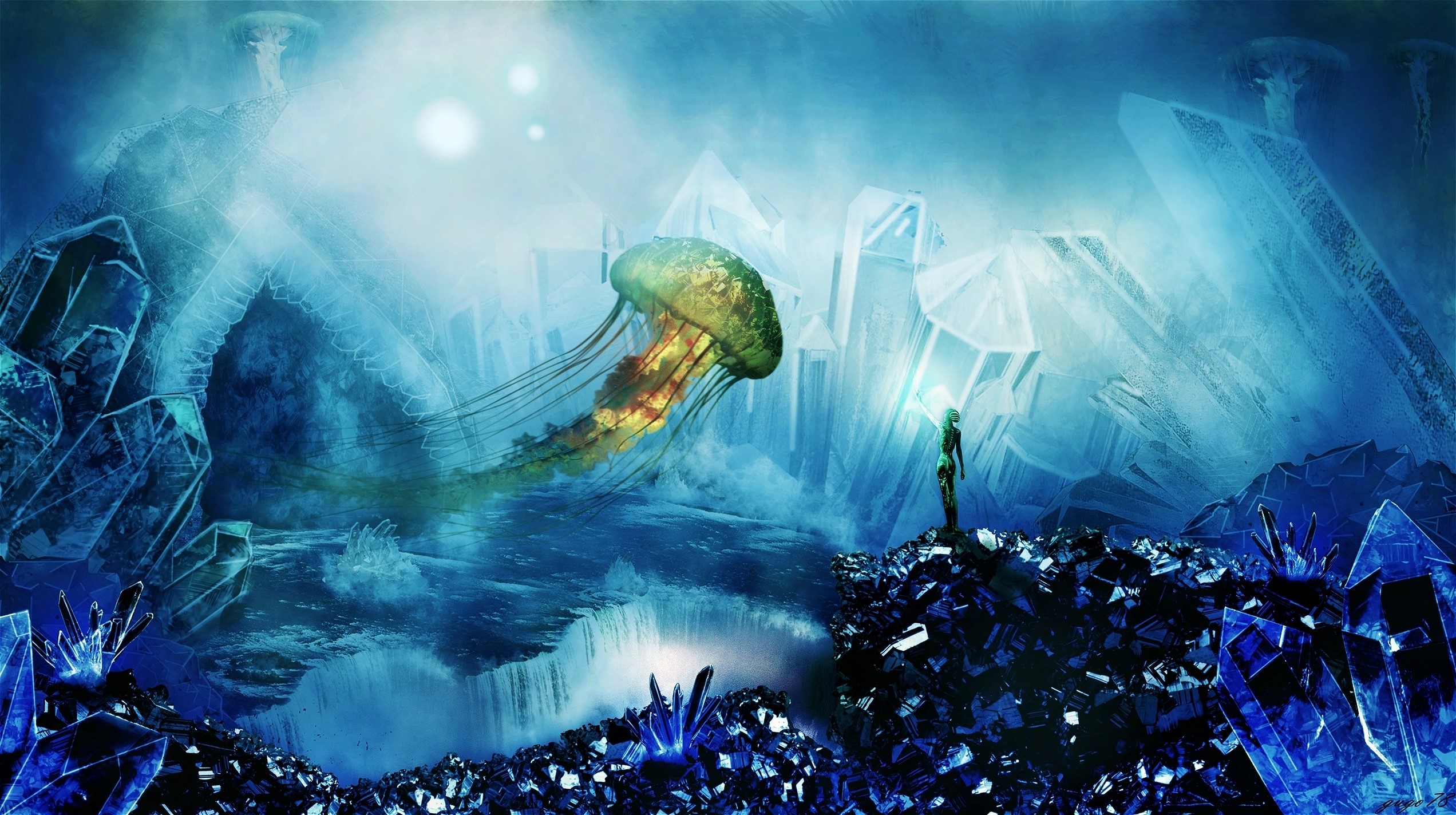 Fantastic world with jellyfish and crystals HD Wallpaper