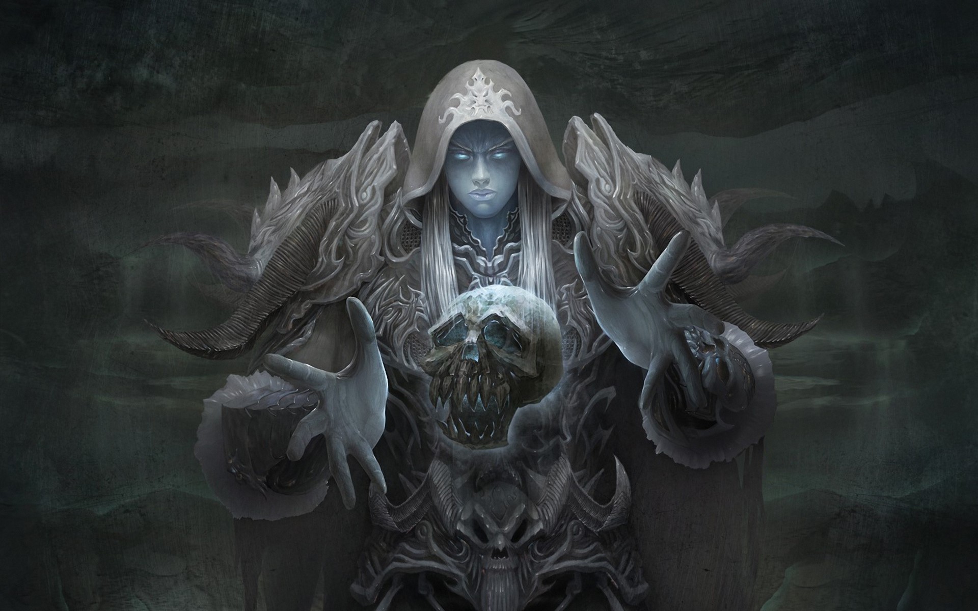 A hooded figure holds a skull with glowing eyes HD Wallpaper